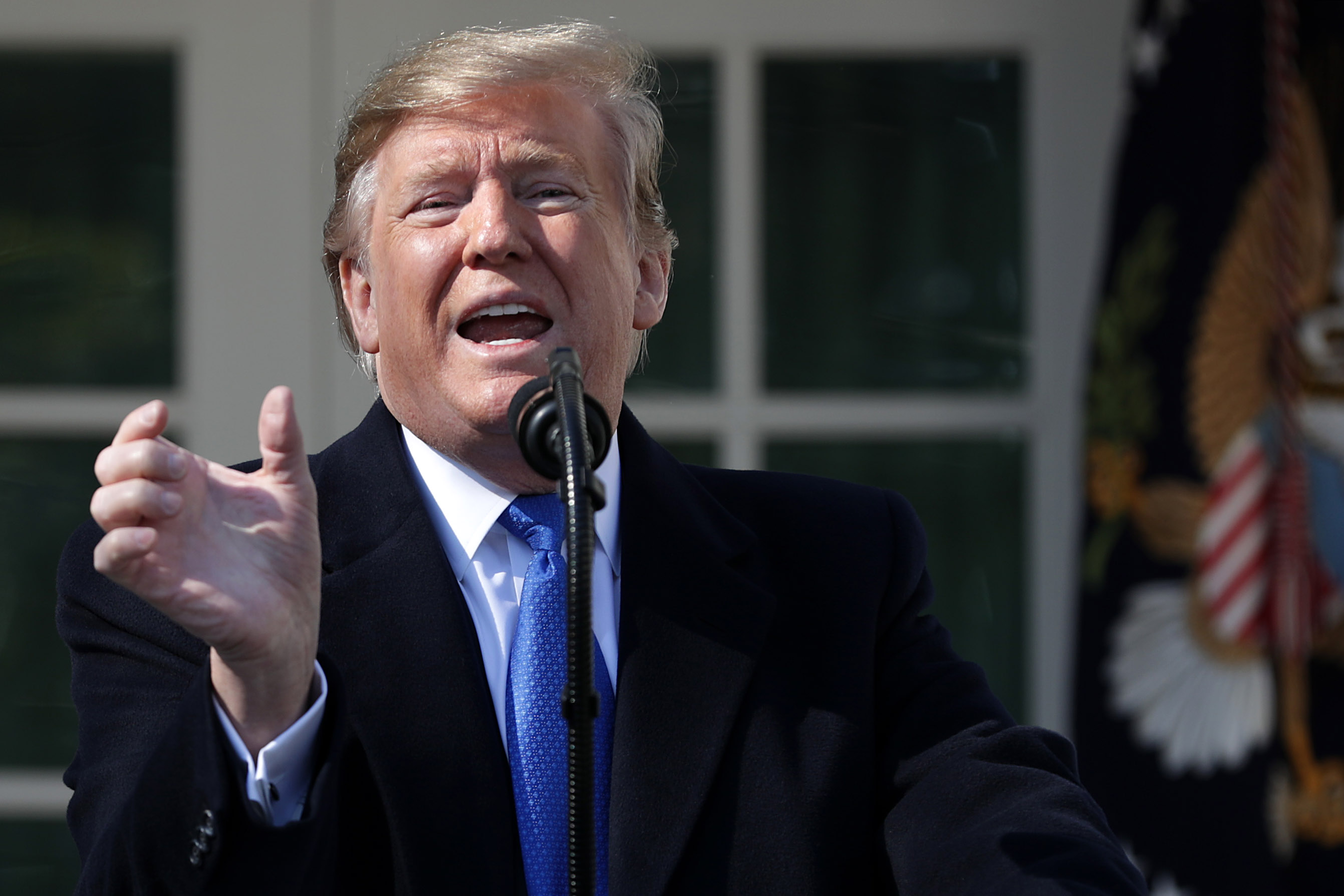 U.S. President Donald Trump speaks on border security during a Rose Garden event at the White House February 15, 2019 in Washington, DC. Trump said he would declare a national emergency to free up federal funding to build a wall along the southern border. (Credit: Chip Somodevilla/Getty Images)
