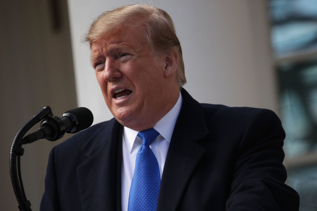 WASHINGTON, DC - FEBRUARY 15: U.S. President Donald Trump speaks on border security during a Rose Garden event at the White House February 15, 2019 in Washington, DC. President Trump is expected to declare a national emergency to free up federal funding to build a wall along the southern border. (Photo by Alex Wong/Getty Images)