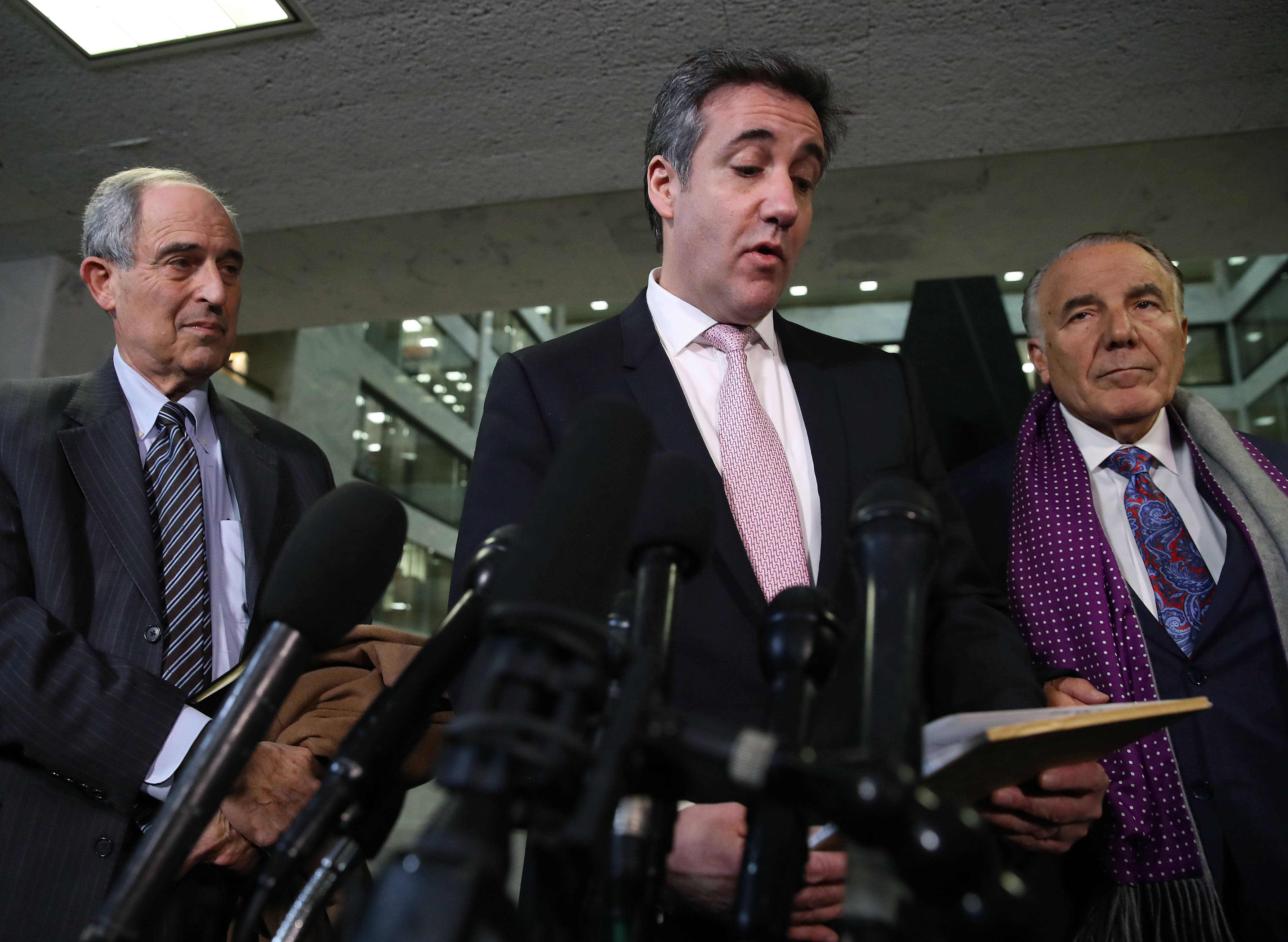 Michael Cohen, former attorney and fixer for President Donald Trump, reads a statement to the media at the Hart Senate Office Building after testifying to the Senate Intelligence Committee on Capitol Hill February 26, 2019 in Washington, DC. (Photo by Mark Wilson/Getty Images)