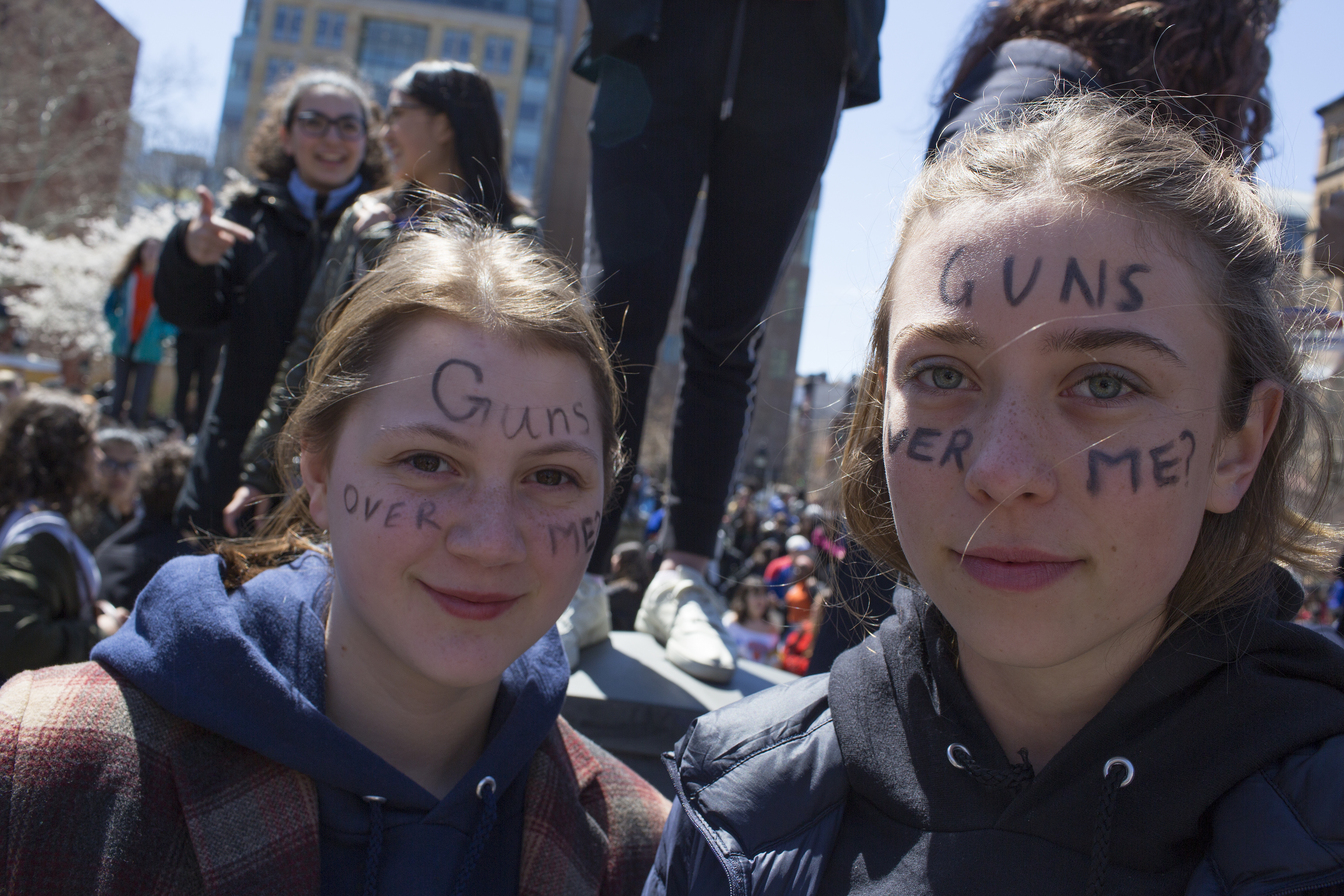 NEW YORK, NY - APRIL 20: On the anniversary of the Columbine shooting, thousands of New York teenagers walk out of school to attend a gun control rally and call for sweeping reforms in national gun laws, on April 20, 2018 in Washington Square Park in New York City. (Photo by Andrew Lichtenstein/Corbis via Getty Images)