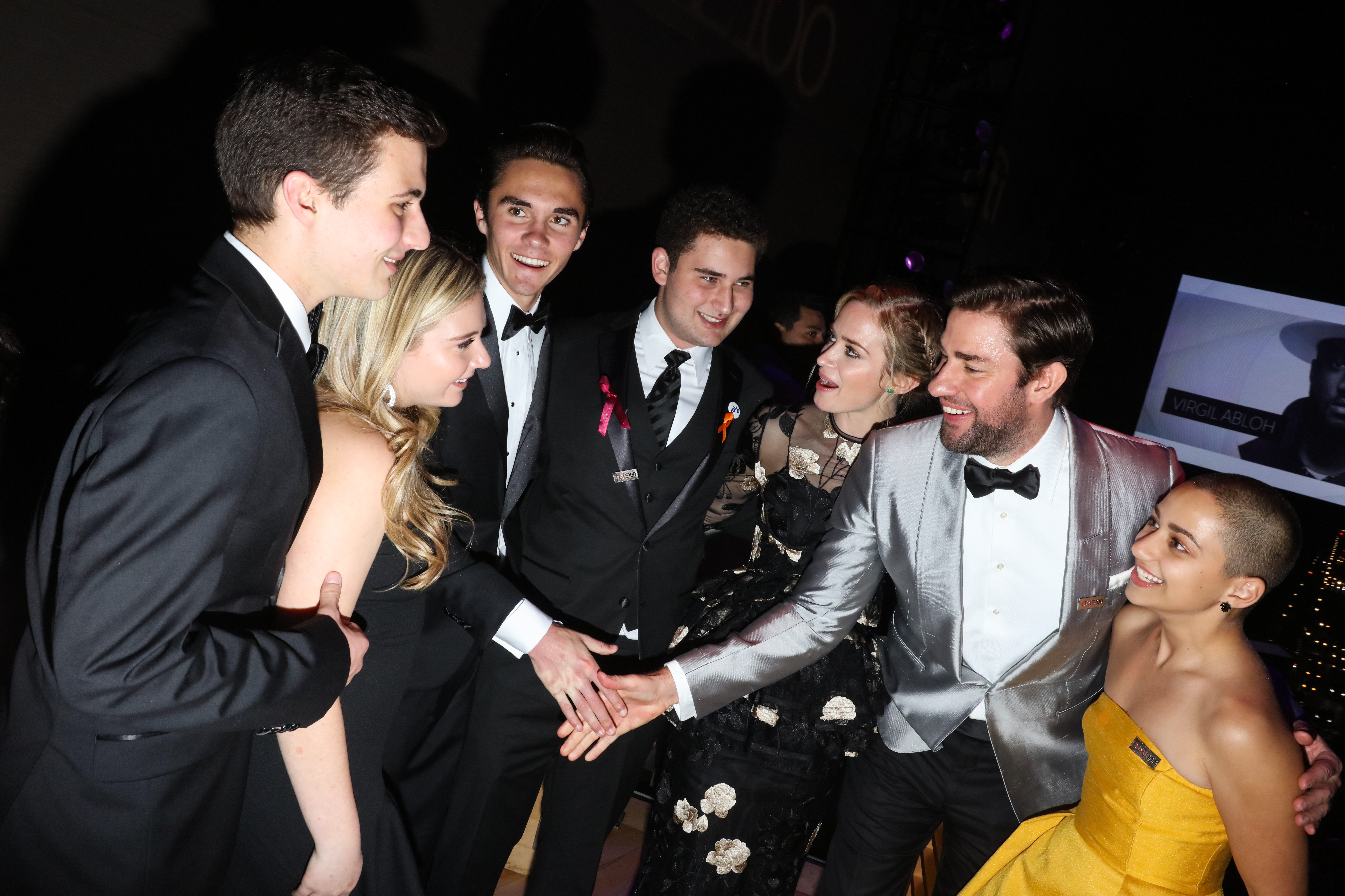 NEW YORK, NY - APRIL 24: (L-R) Cameron Kasky, Jaclyn Corin, David Hogg, Alex Wind, Emily Blunt, John Krasinski and Emma Gonzalez attend the Time 100 Gala at Jazz at Lincoln Center on April 24, 2018 in New York, New York. (Photo by Rebecca Smeyne/Getty Images)