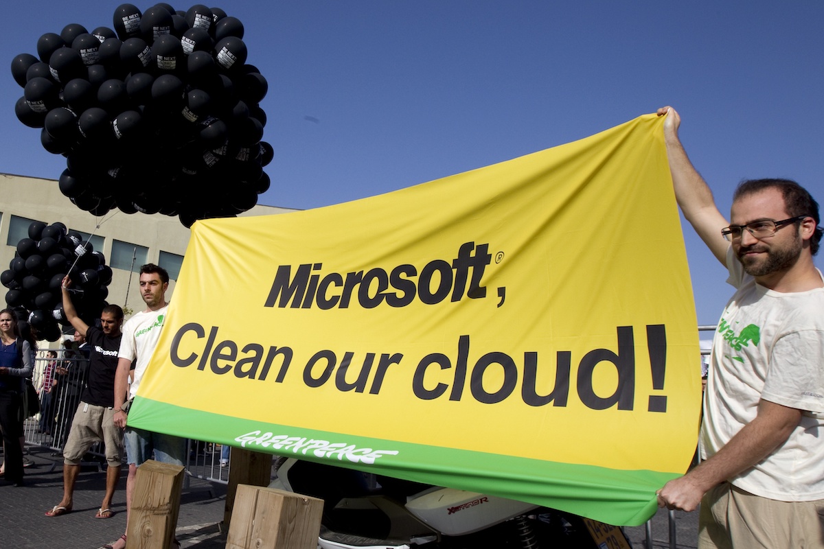 A protest from Microsoft to use clean energy in cloud computing at Tel Aviv, April 22, 2012 . CREDIT: JACK GUEZ/AFP/GettyImages.