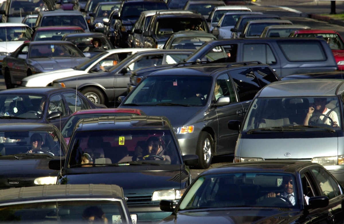 Traffic jam in downtown Los Angeles, CA, May 7, 2001. CREDIT: David McNew/Newsmakers via Getty Images.