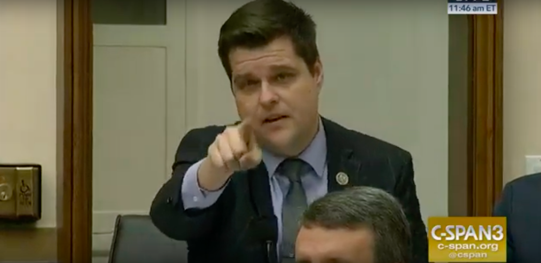 Matt Gaetz points at the father of a Parkland victim on Capitol Hill on February 6, 2019. (C-SPAN/Screenshot)