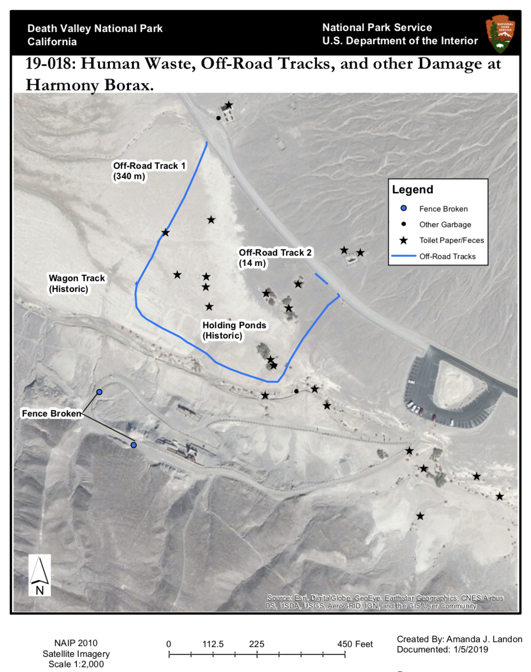 Map detailing "human waste, off-road tracks, and other damage at Harmony Borax."