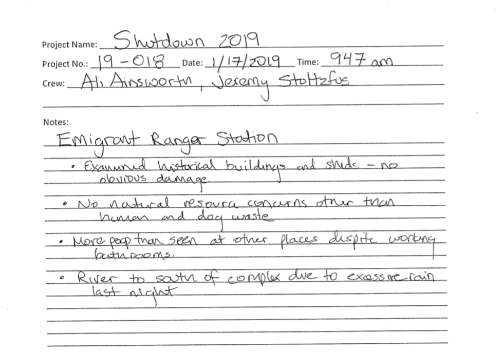 A National Park staff activity log for Death Valley during the government shutdown.