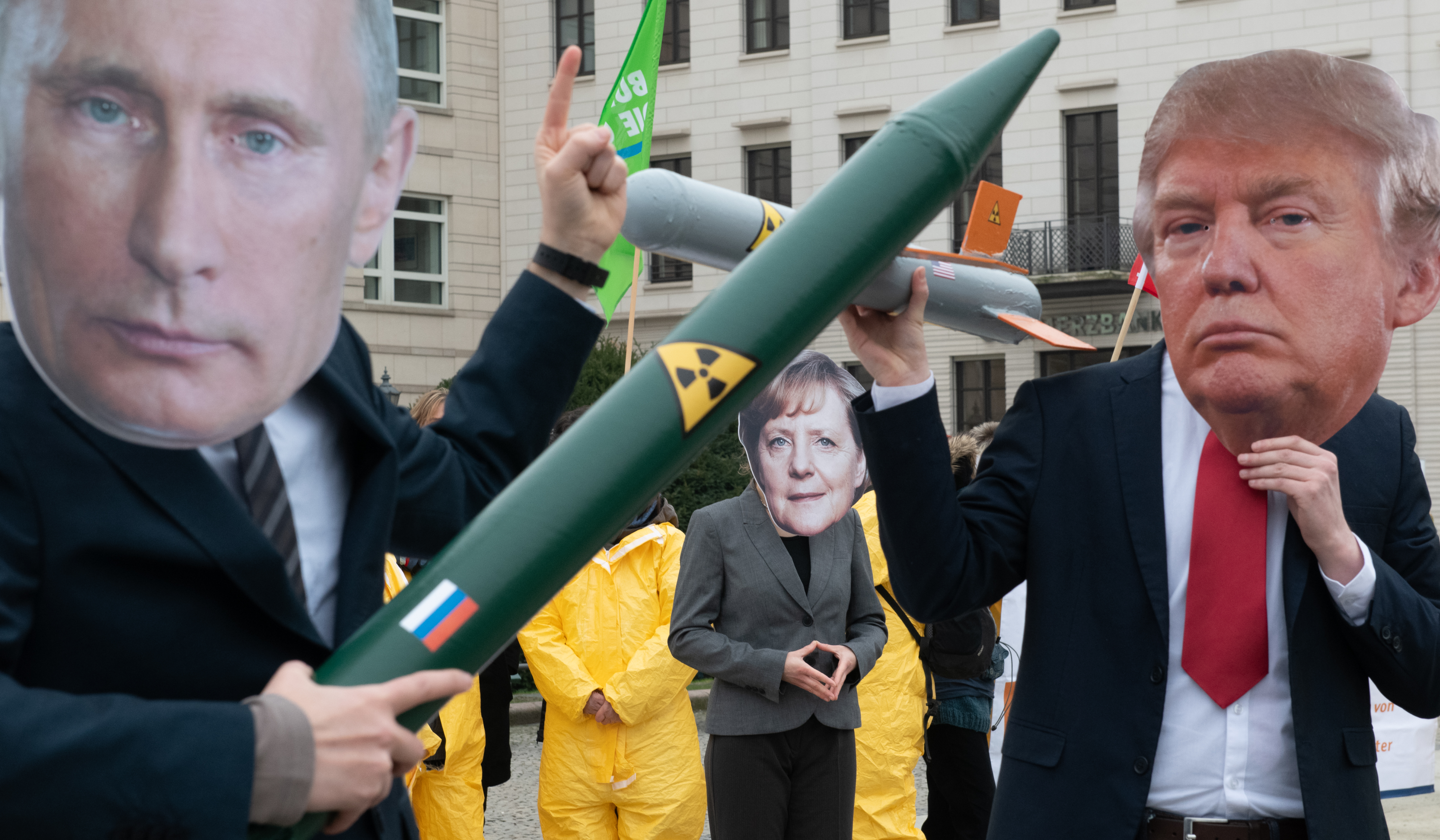 In Berlin, Germany, demonstrators on February 1, 2019 protest the imminent end of the INF disarmament agreement between Russia and the U.S.. CREDIT: Paul Zinken/picture alliance via Getty Images