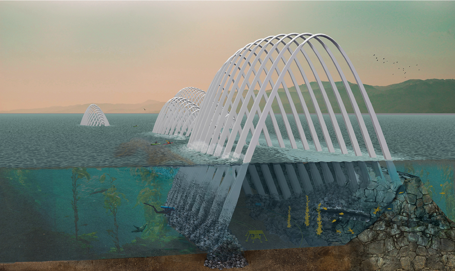 This design for a wave energy converter took second place in the 2016 Land Art Generator Initiative competition in Santa Monica. CREDIT: University of Oregon
