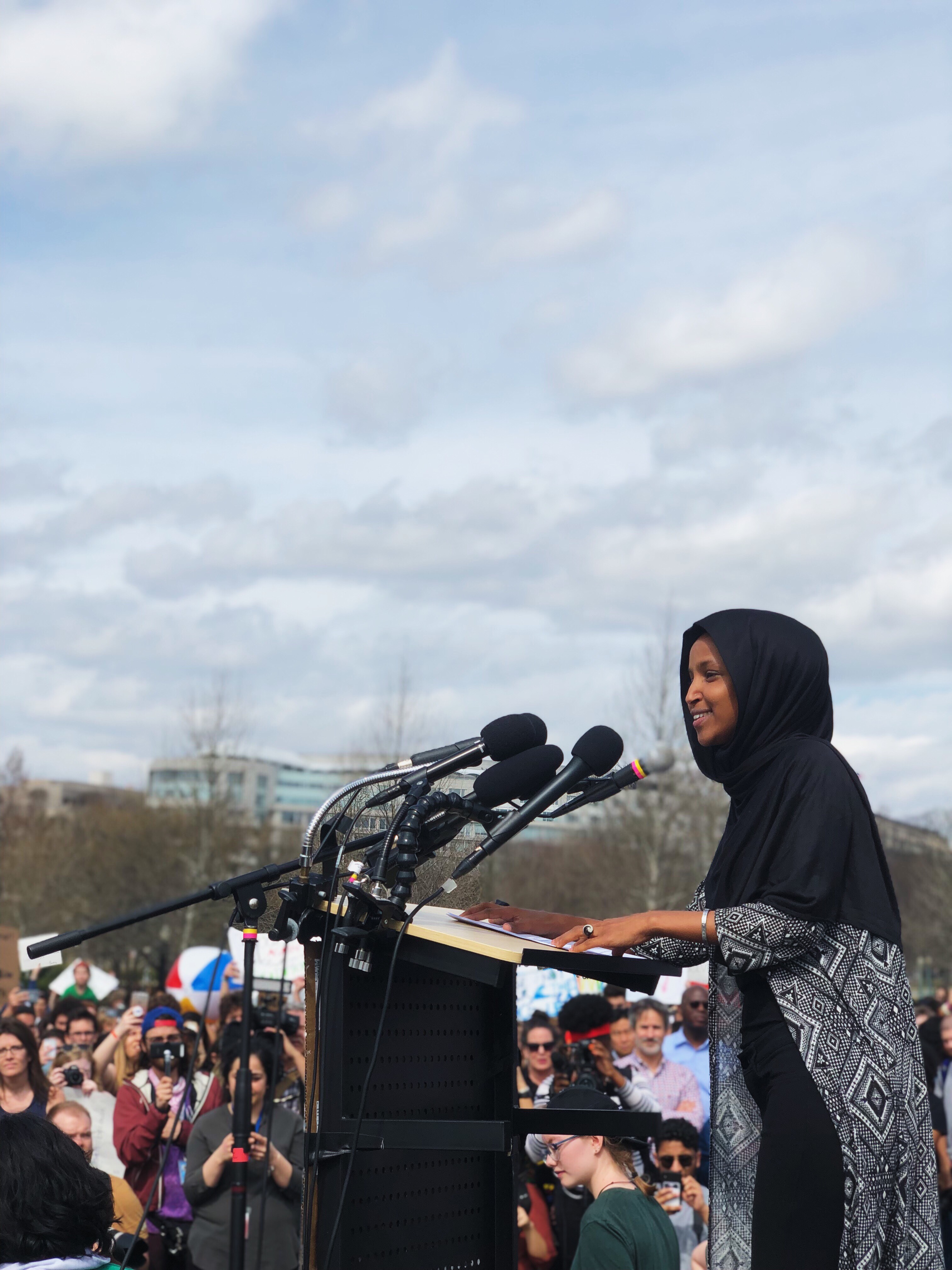 Rep. Ilhan Omar (D-MN) introduces her daughter, Isra Hirsi, on Friday. CREDIT: E.A. Crunden