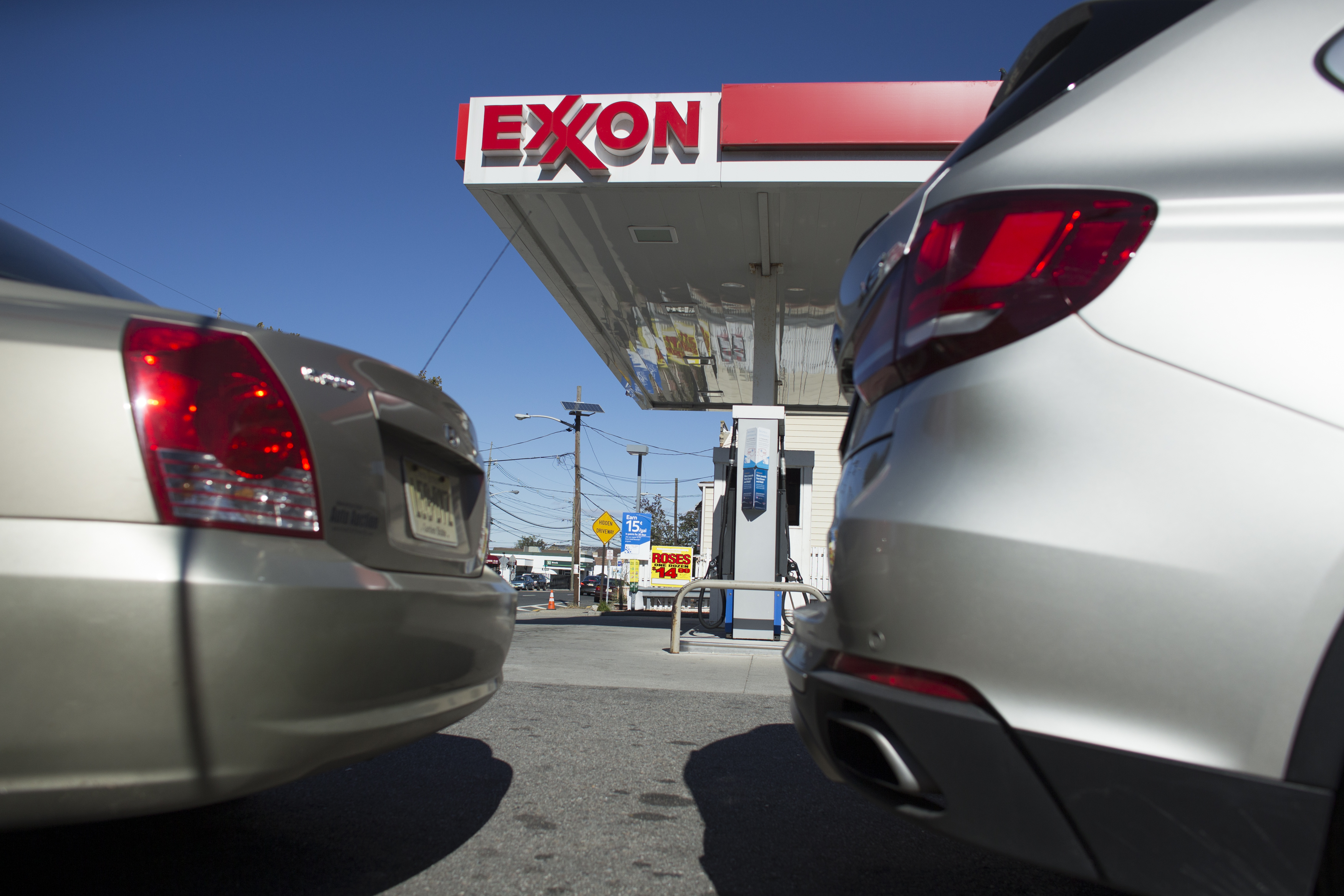 The Exxon mobile sign is seen on a gas station on October 25, 2018 in Gutenberg New Jersey. CREDIT: Kena Betancur/VIEWpress/Corbis via Getty Images