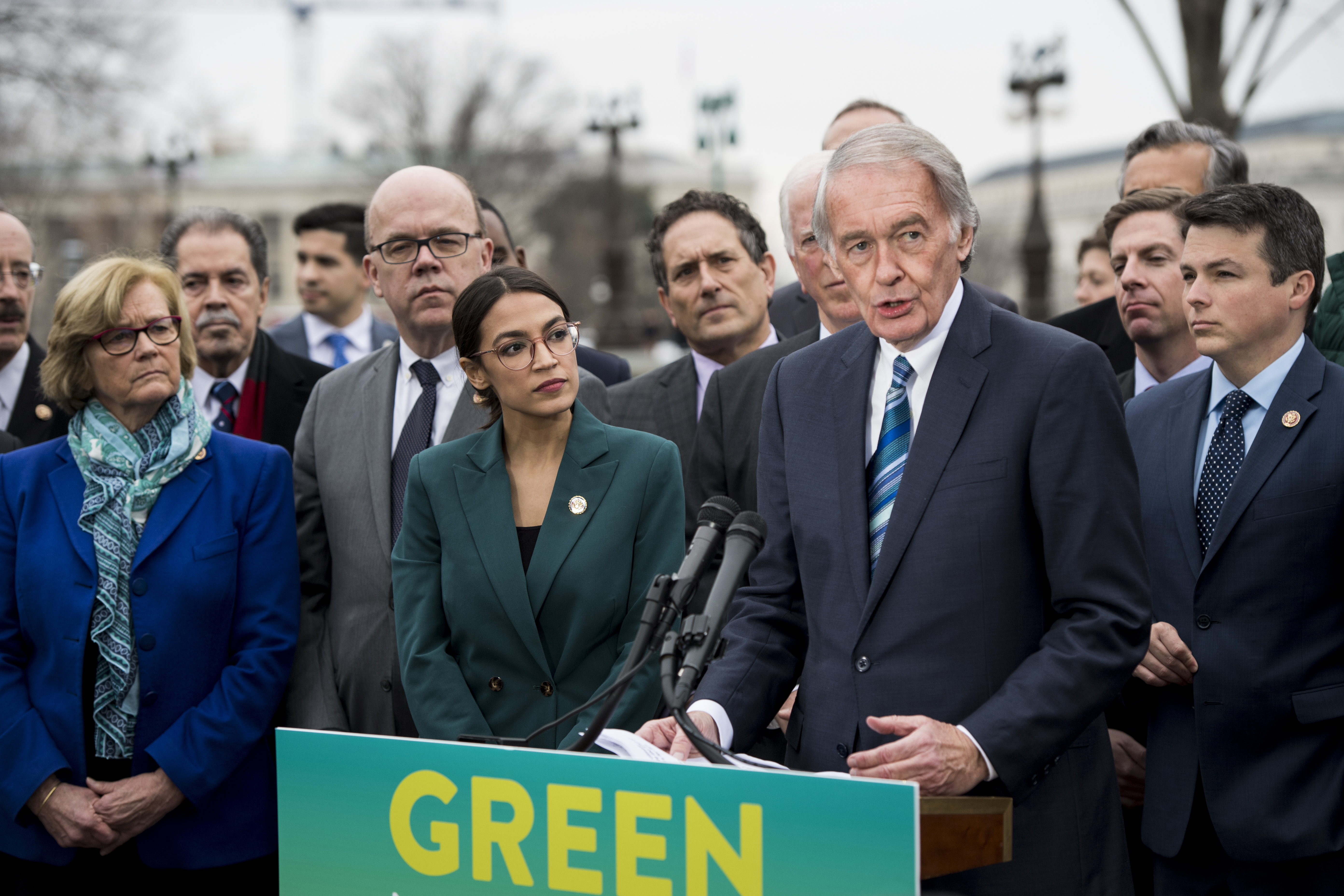 Sen. Ed Markey, D-Mass., and Rep. Alexandria Ocasio-Cortez, D-N.Y., hold a press conference on the Green New Deal Resolution outside of the Capitol on Thursday, Feb. 7, 2019. CREDIT: Bill Clark/CQ Roll Call
