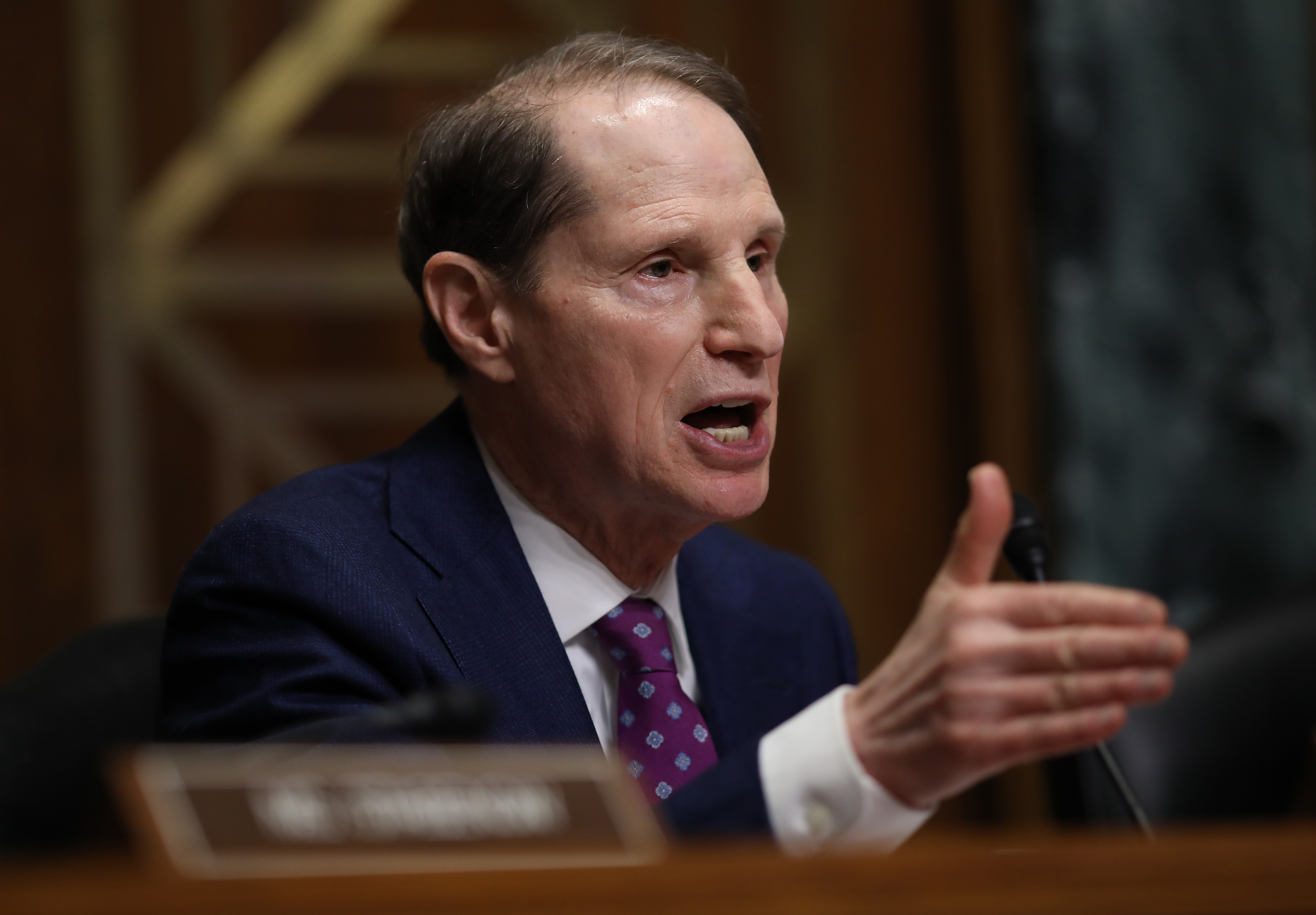 WASHINGTON, DC - FEBRUARY 26: Sen. Ron Wyden (D-OR) asks questions to a panel of pharmaceutical company CEOs during a hearing held by the Senate Finance Committee on "Drug Pricing in America: A Prescription for Change, Part II." (Photo by Win McNamee/Getty Images)