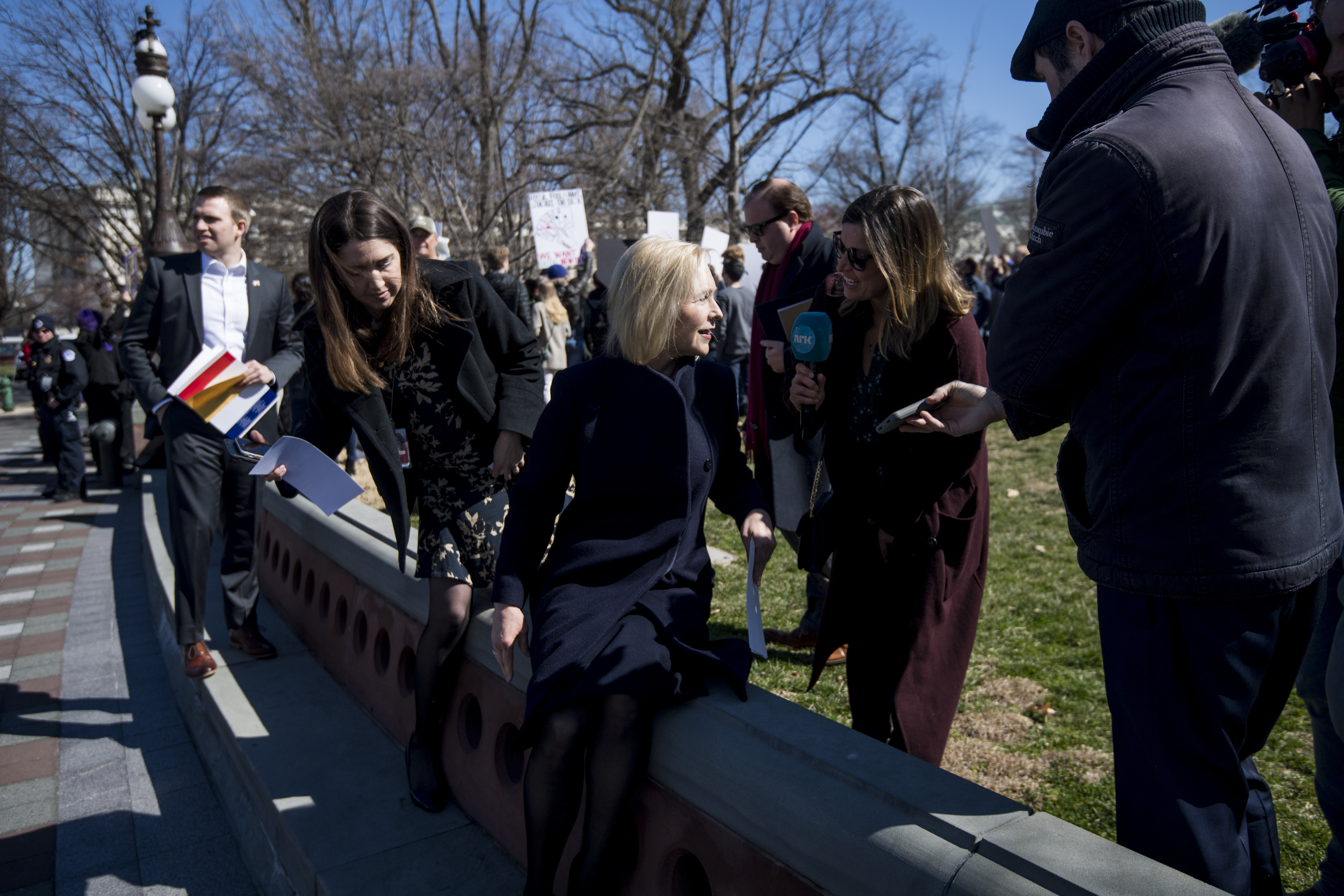 Sen. Kirsten Gillibrand, D-N.Y., answers a reporter's question as she leaves the press conference on the Green New Deal Senate vote at the Capitol on Tuesday, March 26, 2019. CREDIT: Bill Clark/CQ Roll Call
