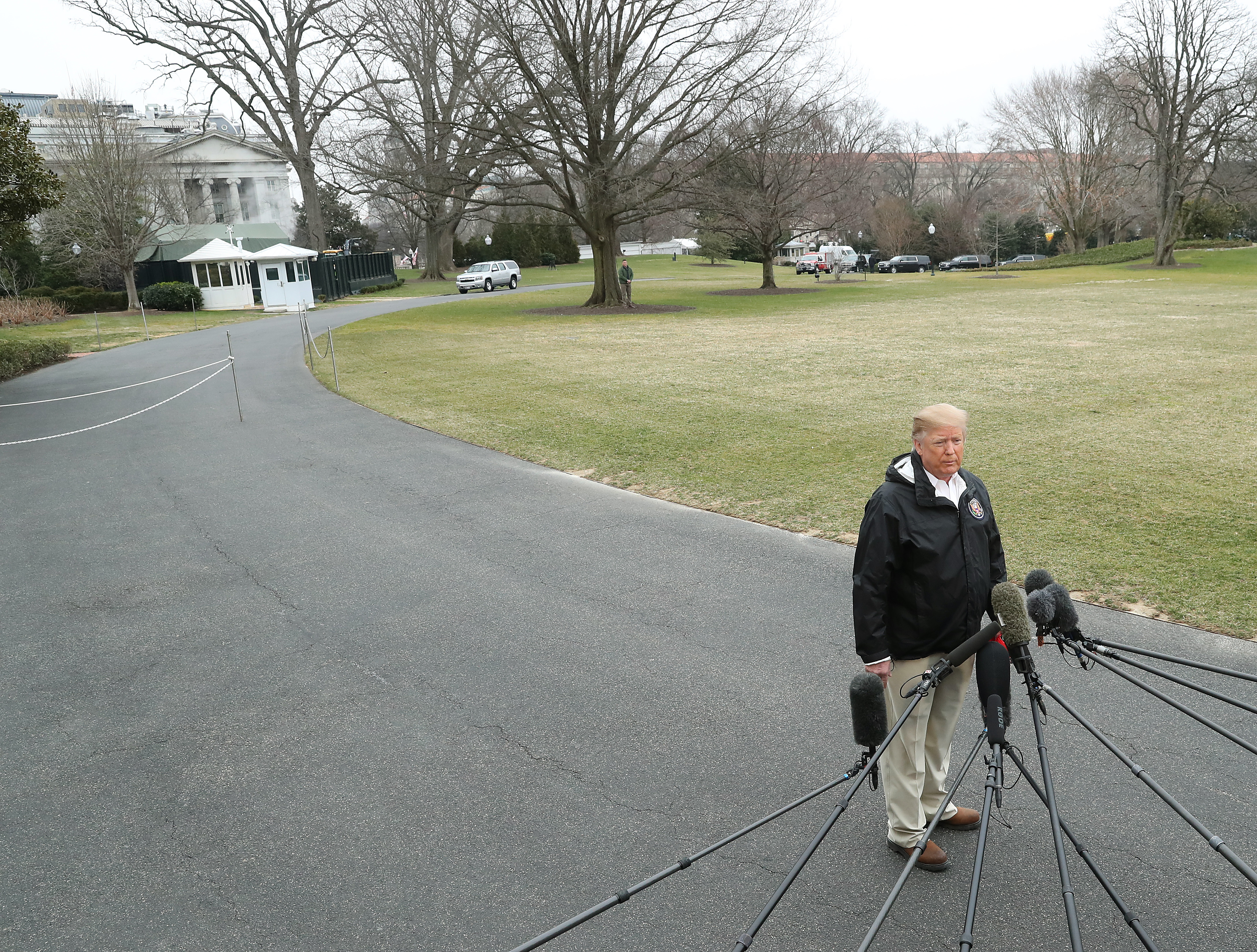 WASHINGTON, DC - MARCH 08: U.S. President Donald Trump speaks to the media before departing from the White House on March 8, 2019 in Washington, DC. President Trump is headed to Alabama to survey tornado damage. (Photo by Mark Wilson/Getty Images)