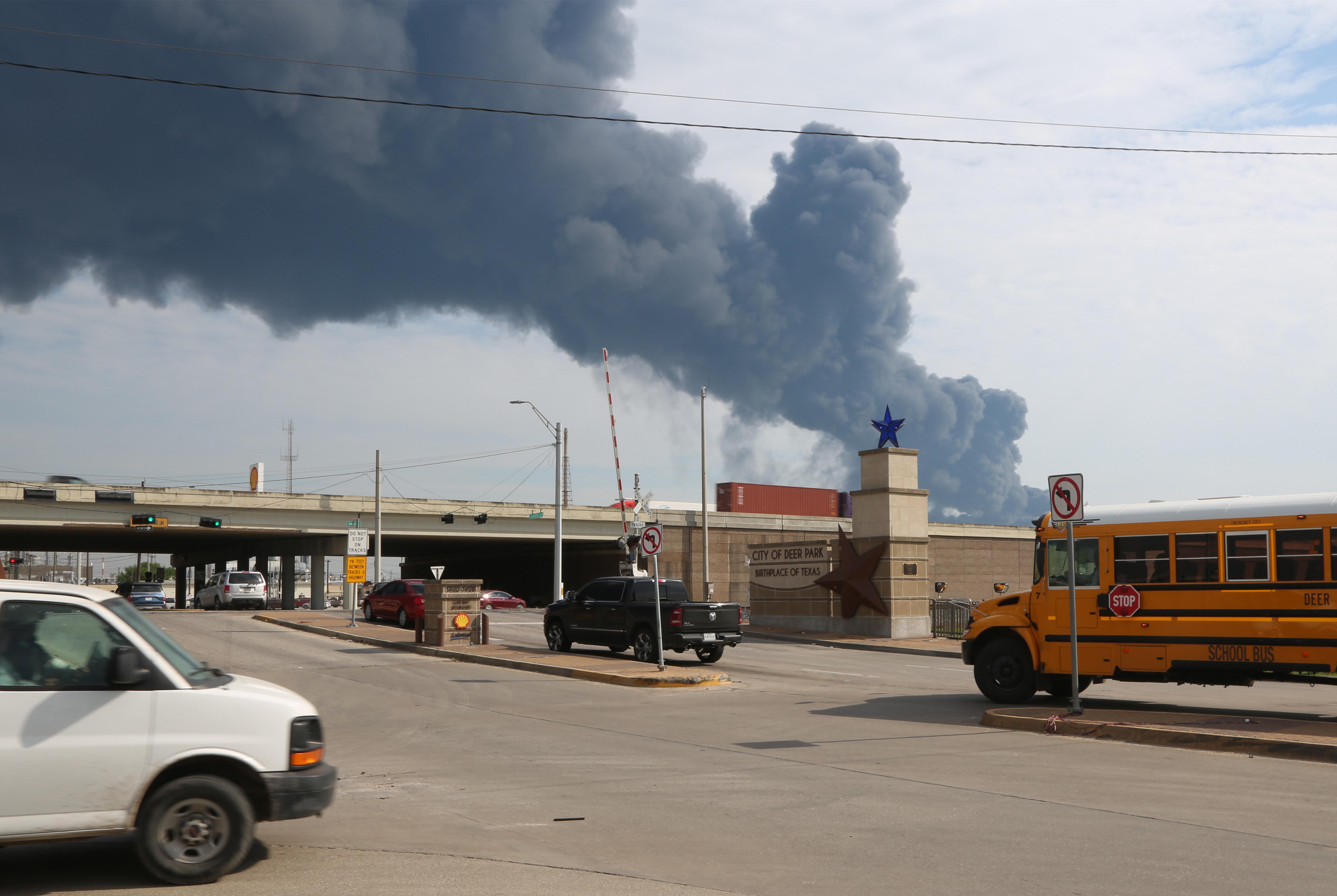 Smoke rises in the air following a fire at the Intercontinental Terminals Co (ITC) petrochemical storage site on March 19, 2019 in Houston, Texas. CREDIT: Zeng Jingning/China News Service/VCG via Getty Images
