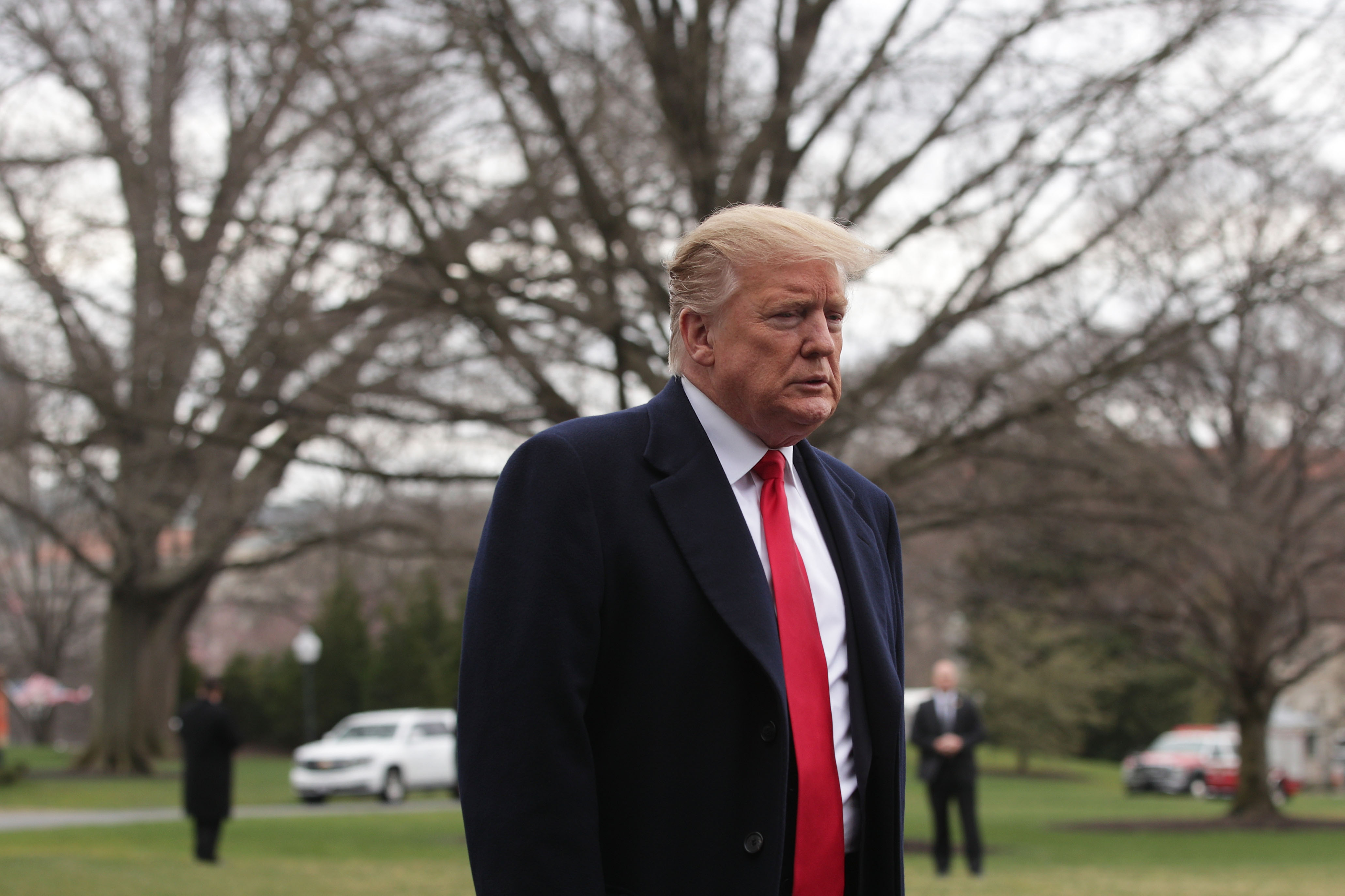 President Donald Trump speaks to members of the media on the South Lawn prior to his departure from the White House March 22, 2019, en route to his Mar-a-Lago resort in Palm Beach, Florida. (PHOTO CREDIT: Alex Wong/Getty Images)