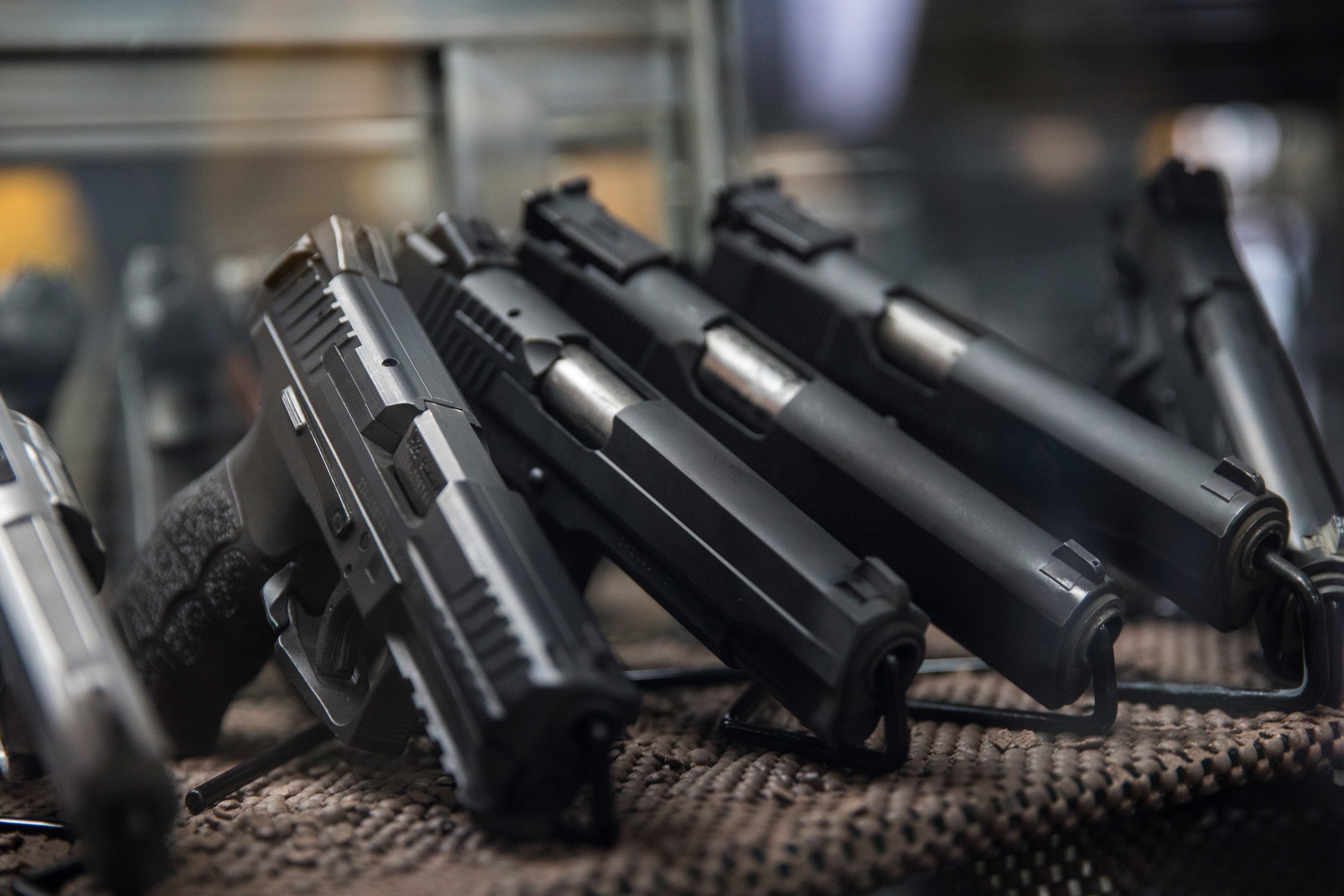 Assorted pistols on display that customers can rent to use on the range at Blue Ridge Arsenal in Chantilly, Virginia, on Jan. 9, 2015. CREDIT: Samuel Corum/Anadolu Agency/Getty Images