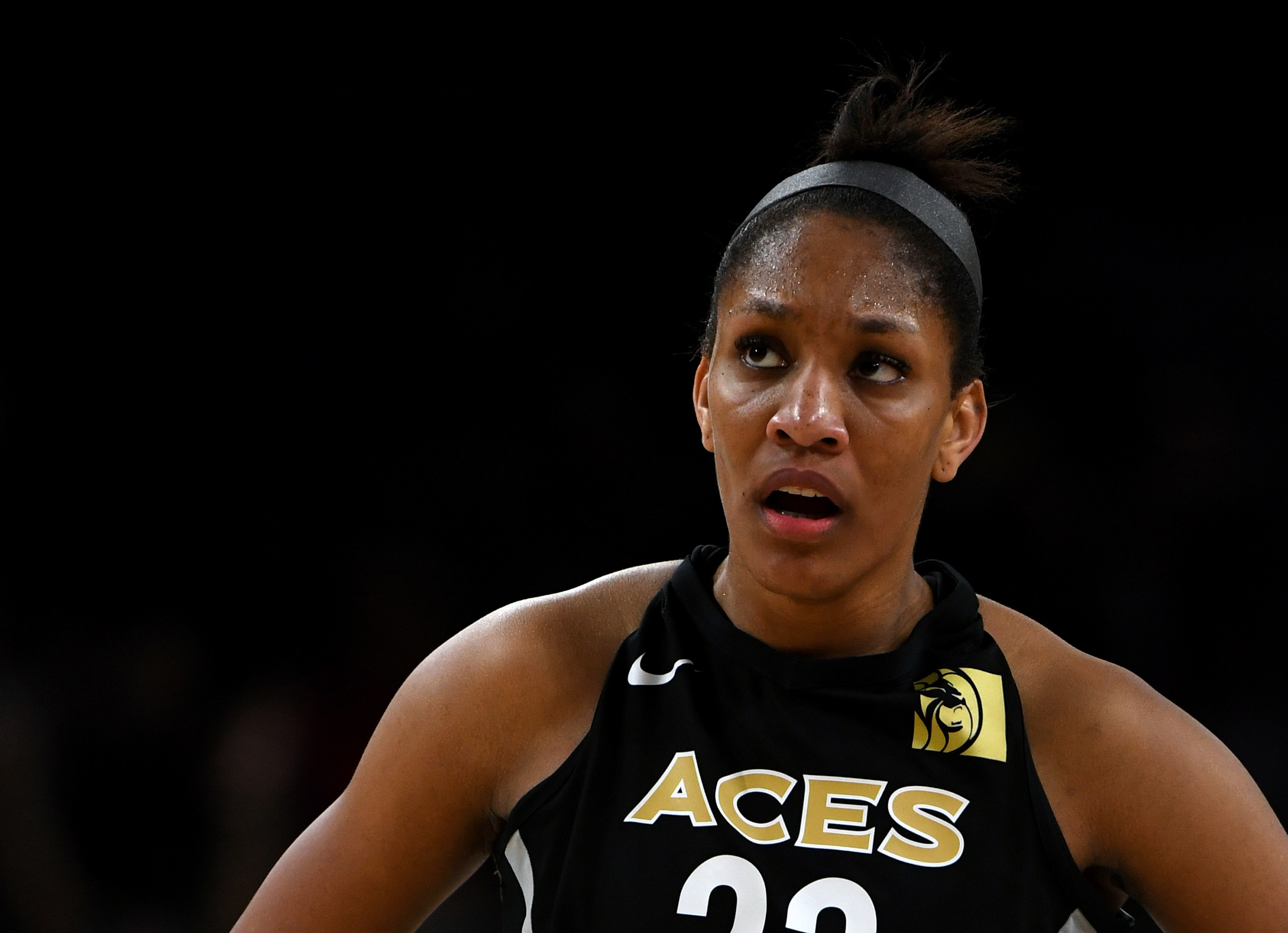 LAS VEGAS, NV - MAY 27: A'ja Wilson #22 of the Las Vegas Aces stands on the court during the Aces' inaugural regular-season home opener against the Seattle Storm at the Mandalay Bay Events Center on May 27, 2018 in Las Vegas, Nevada. The Storm won 105-98. NOTE TO USER: User expressly acknowledges and agrees that, by downloading and or using this photograph, User is consenting to the terms and conditions of the Getty Images License Agreement. (Photo by Ethan Miller/Getty Images)