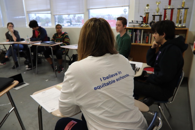 Megan Simmons facilitates a roundtable discussion at CHAMPs Performing Arts School in LA. (Credit: Photo Courtesy of Student Voice)