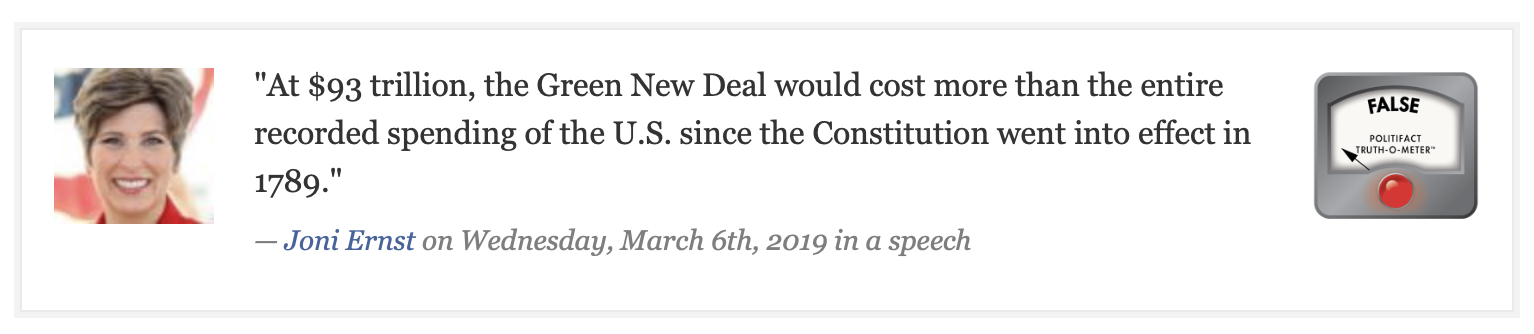 Politifact labels use of $93 trillion cost figure for Green New Deal by Sen. Jodi Ernst (R-IA) as "False."