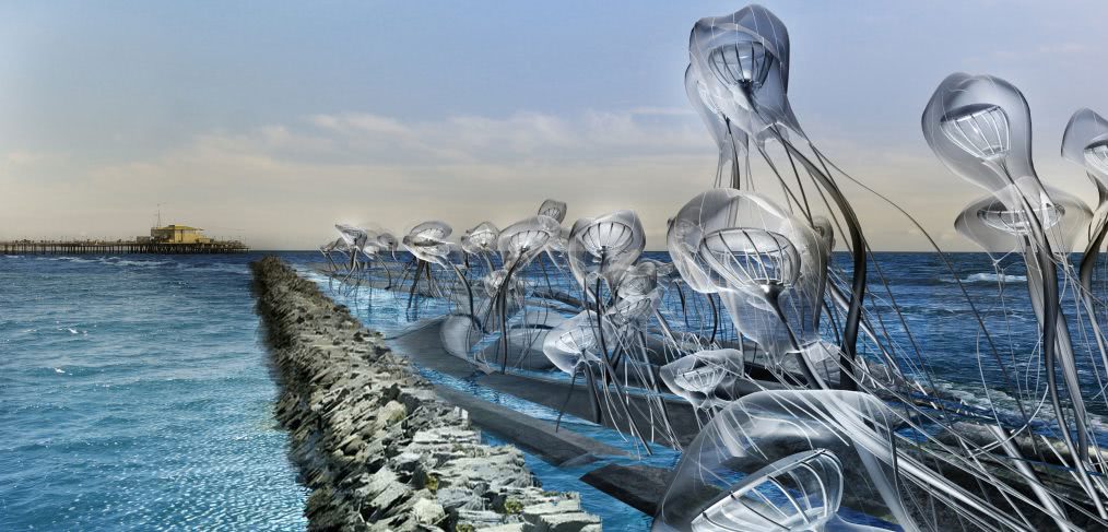 A design for a solar-powered water distillation apparatus submitted to the 2016 Land Art Generator Initiative competition in Santa Monica. CREDIT: CallisonRTK