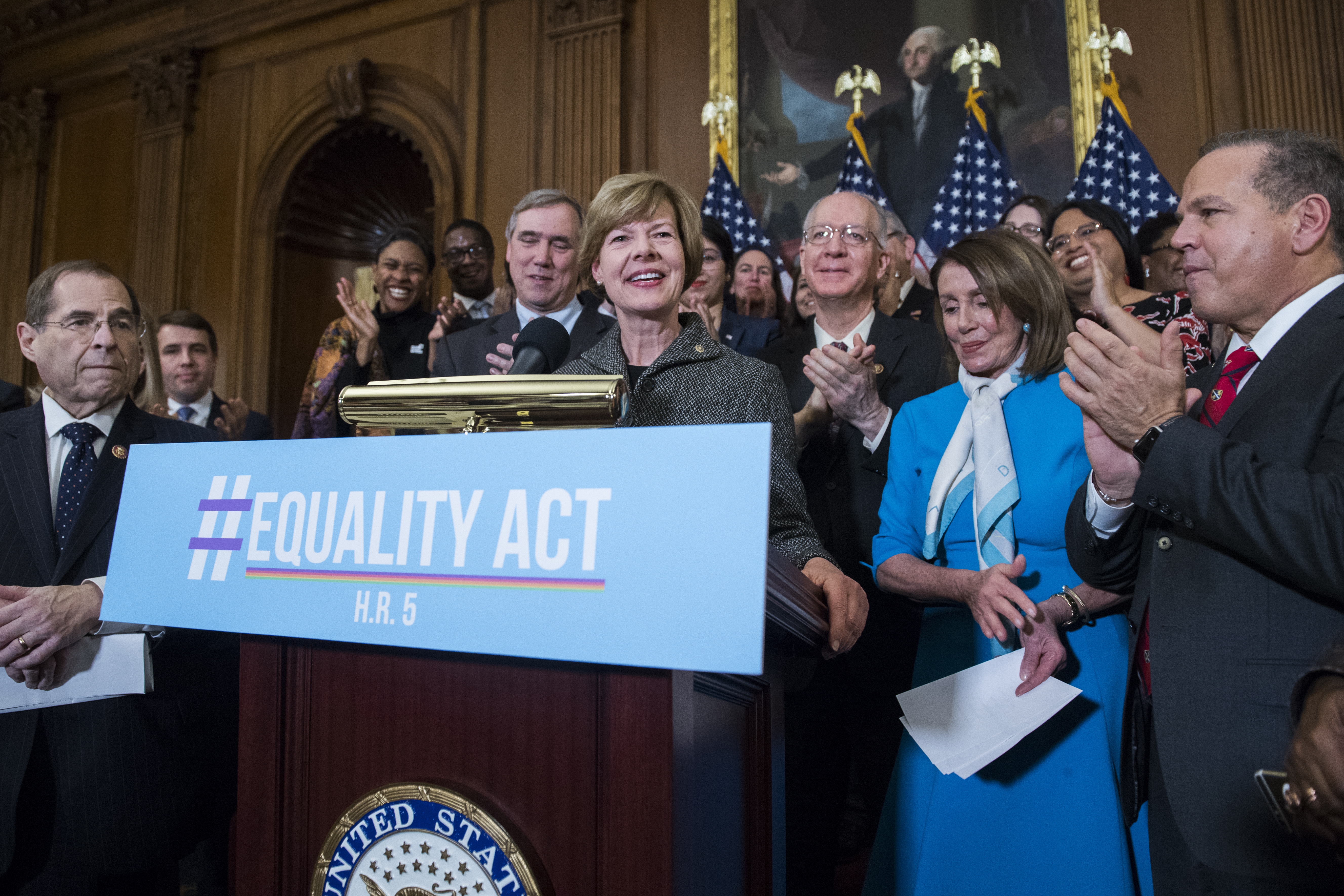 Sen. Tammy Baldwin (D-WI) attends a rally with House Democrats in the Capitol to introduce the “Equality Act," which will amend existing civil rights legislation to bar discrimination based on gender identification and sexual orientation on Wednesday, March 13, 2019. (Photo Credit: Tom Williams/CQ Roll Call)