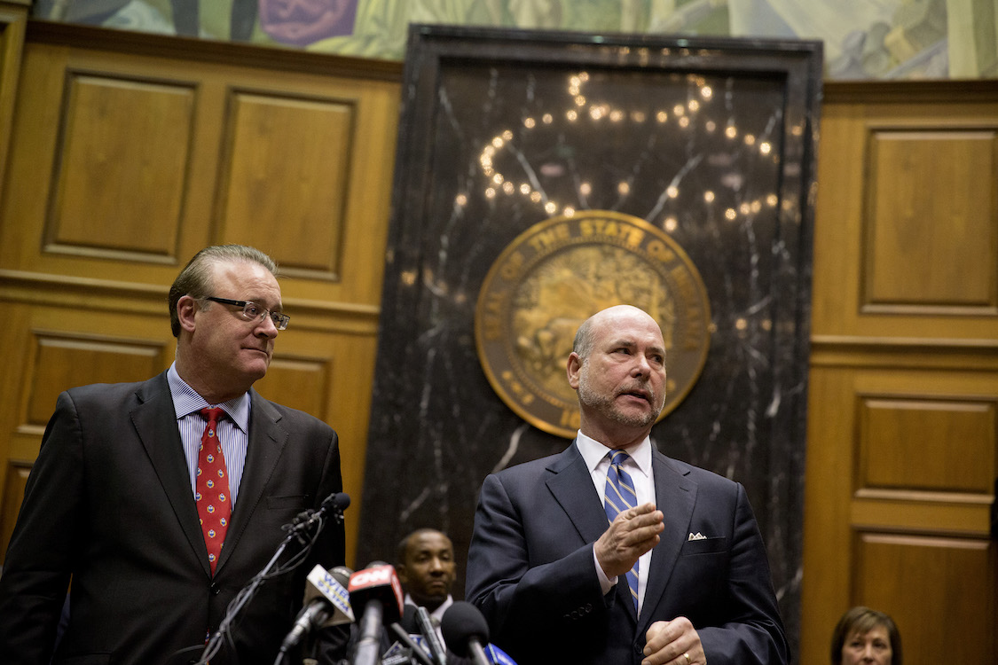 Indiana House Speaker Brian Bosma with Senate President Pro Tem David Long (L) during a press conference about anti-discrimination safeguards added to the controversial Religious Freedom Restoration Act in 2015. (CREDIT: Aaron P. Bernstein/Getty Images)