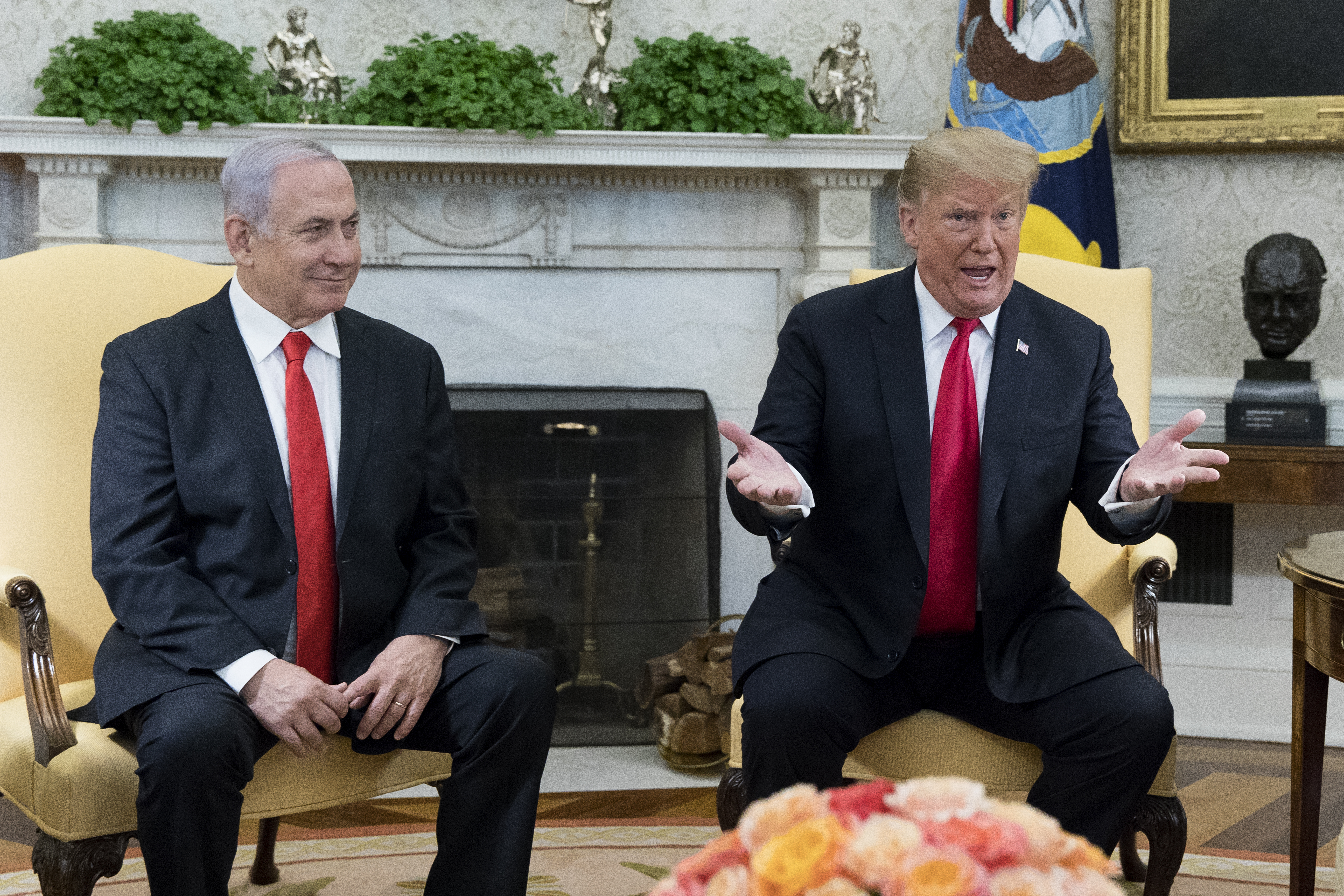 President Donald Trump and Prime Minister Benjamin Netanyahu deliver remarks to members of the news media during their meeting in the Oval Office of the White House March 25, 2019. CREDIT: Michael Reynolds/Pool/Getty Images.