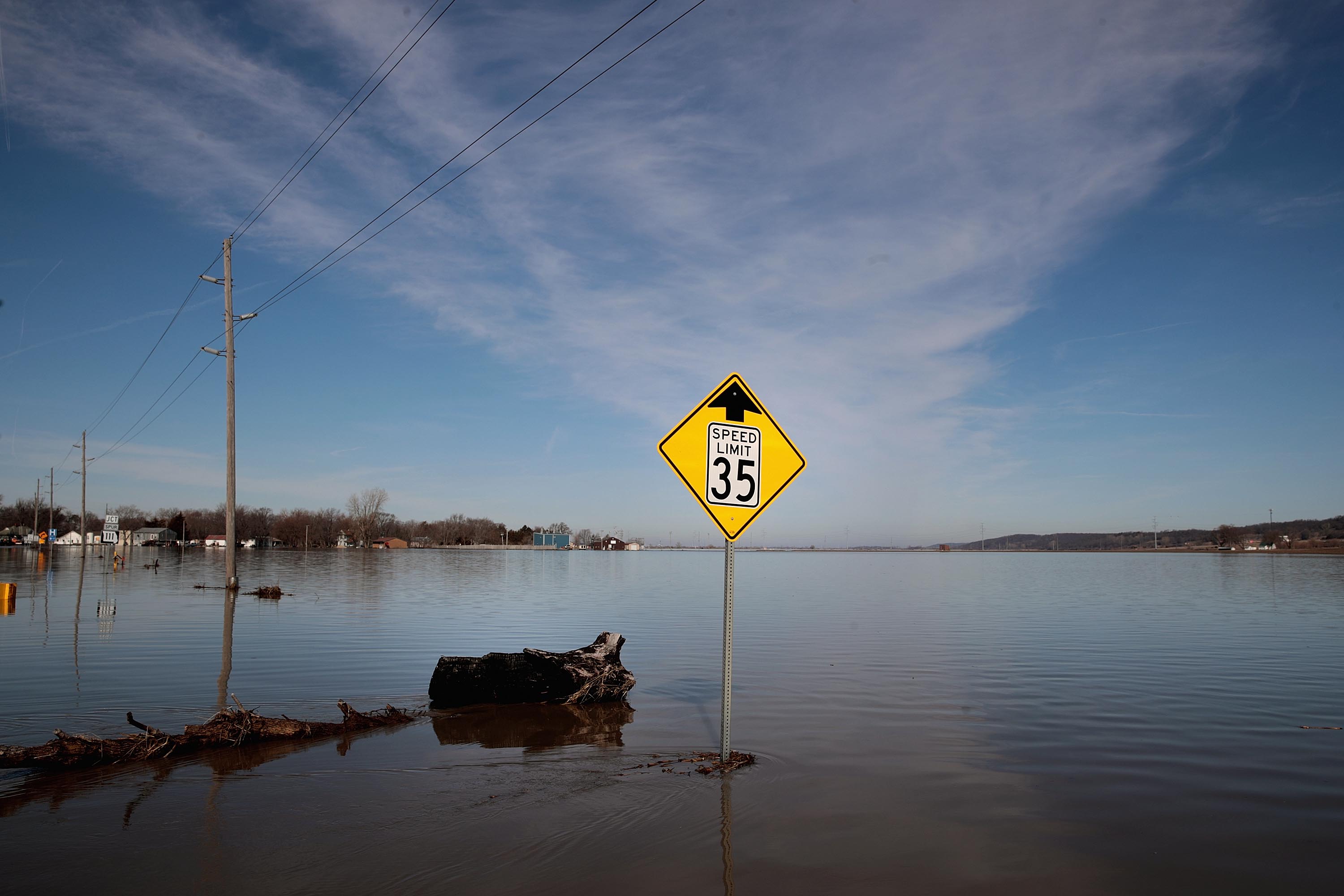 Flood water covers Highway 59 as it approaches town on March 22, 2019 in Craig, Missouri. CREDIT: Scott Olson/Getty Images