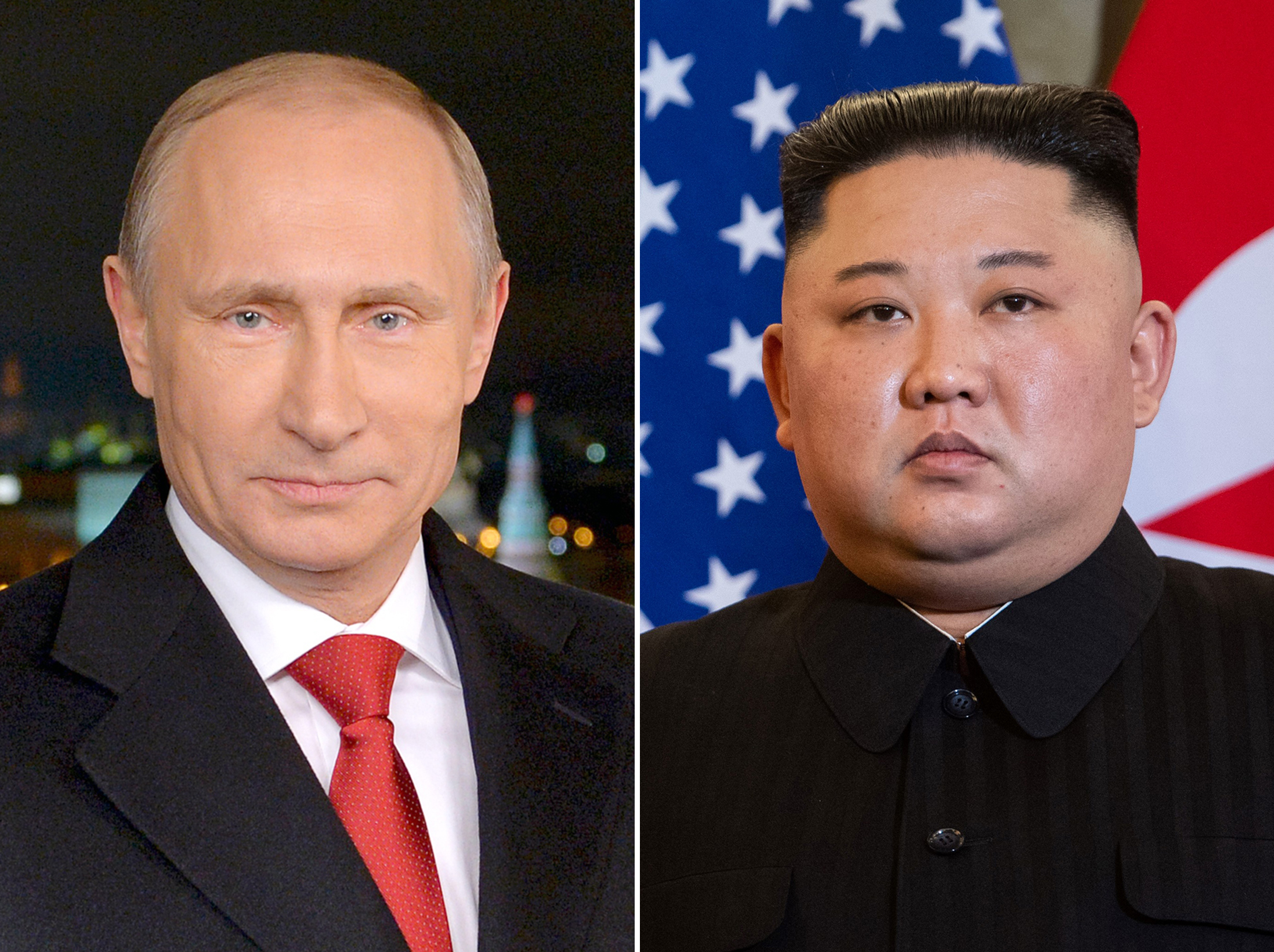 This combination of files pictures made on April 18, 2019, shows portraits of Russian President Vladimir Putin and North Korea's leader Kim Jong-un. CREDIT: ALEXEY DRUZHININ,SAUL LOEB/AFP/Getty Images.