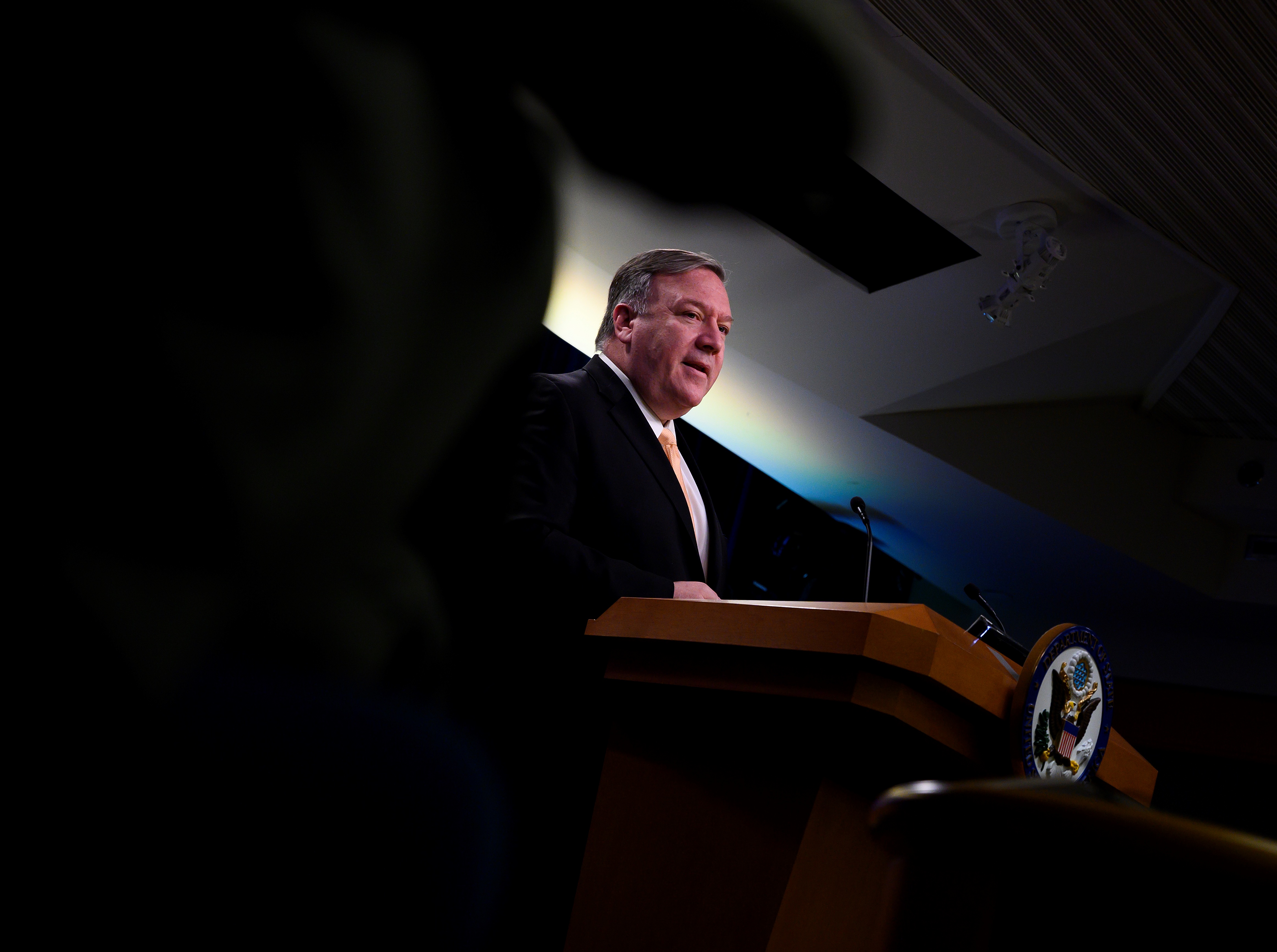 Secretary of State Mike Pompeo speaks during a press conference at the US Department of State in Washington, DC on April 22, 2019. Andrew Caballero-Reynolds/AFP/ Getty Images.