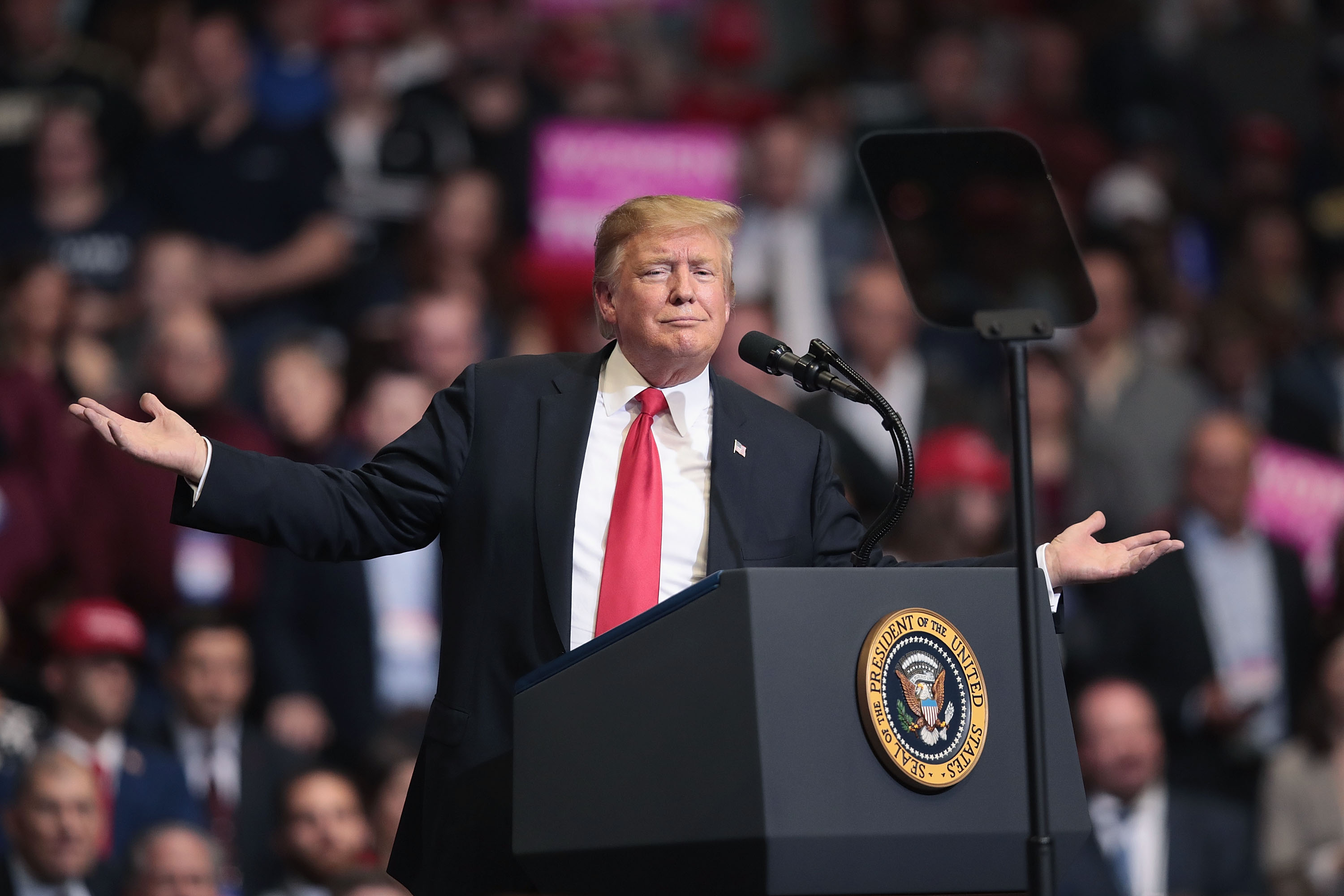 President Donald Trump speaks to supporters during a rally at the Van Andel Arena on March 28, 2019 in Grand Rapids, Michigan. CREDIT: Scott Olson/Getty Images.