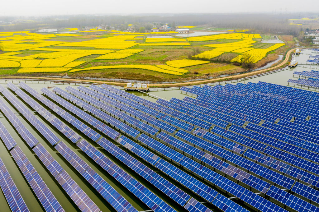 Aerial view of blooming rapeseed flowers next to a photovoltaic power station at Liangyuan Town on March 29, 2019 in Hefei, Anhui Province of China. (Photo by Wang Wen/VCG via Getty Images)