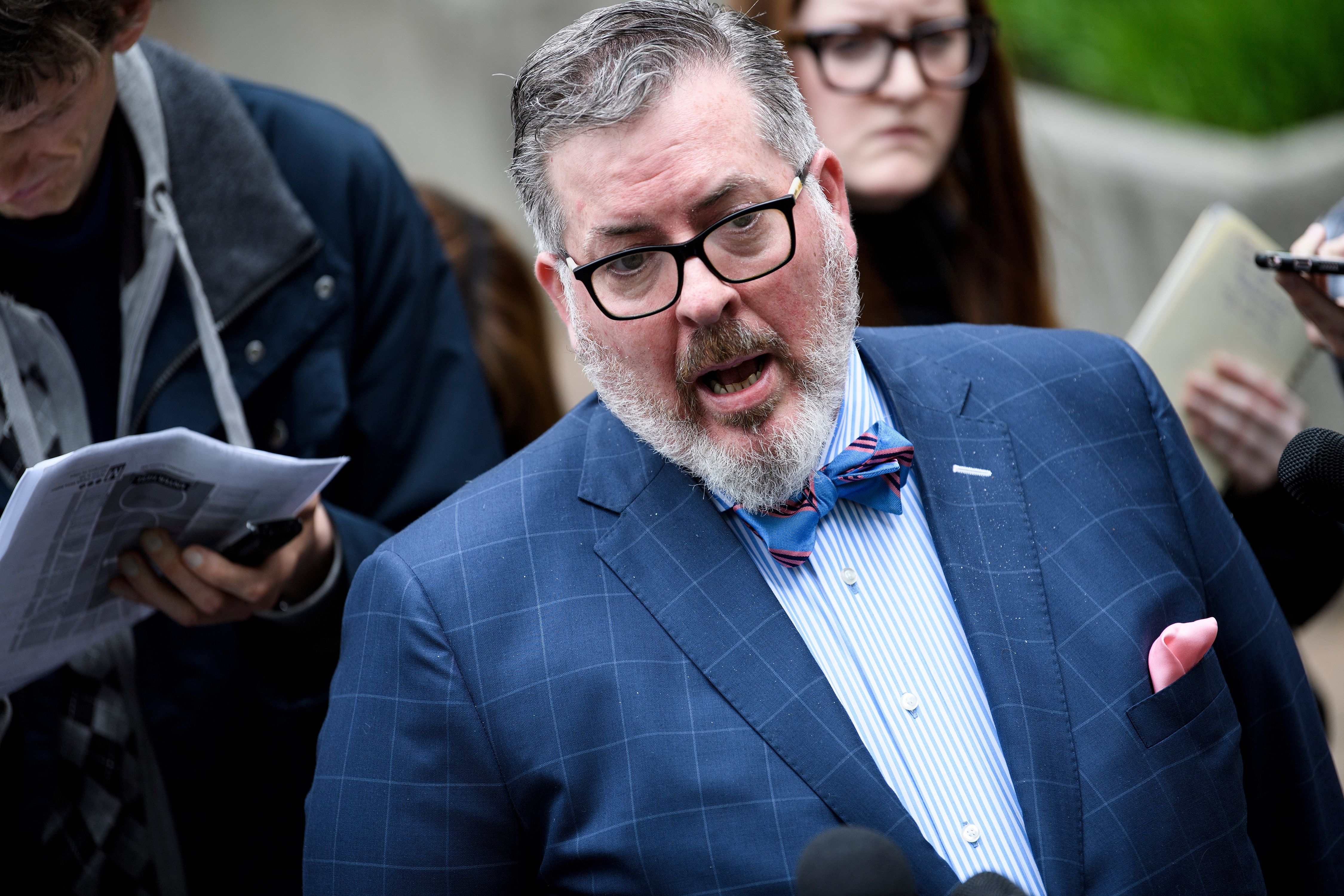 Robert Driscoll, a lawyer for Russian national Maria Butina, speaks to reporters about her sentencing for spying for Russia outside U.S. District Court on April 26, 2019, in Washington, D.C. (PHOTO CREDIT: BRENDAN SMIALOWSKI/AFP/Getty Images)
