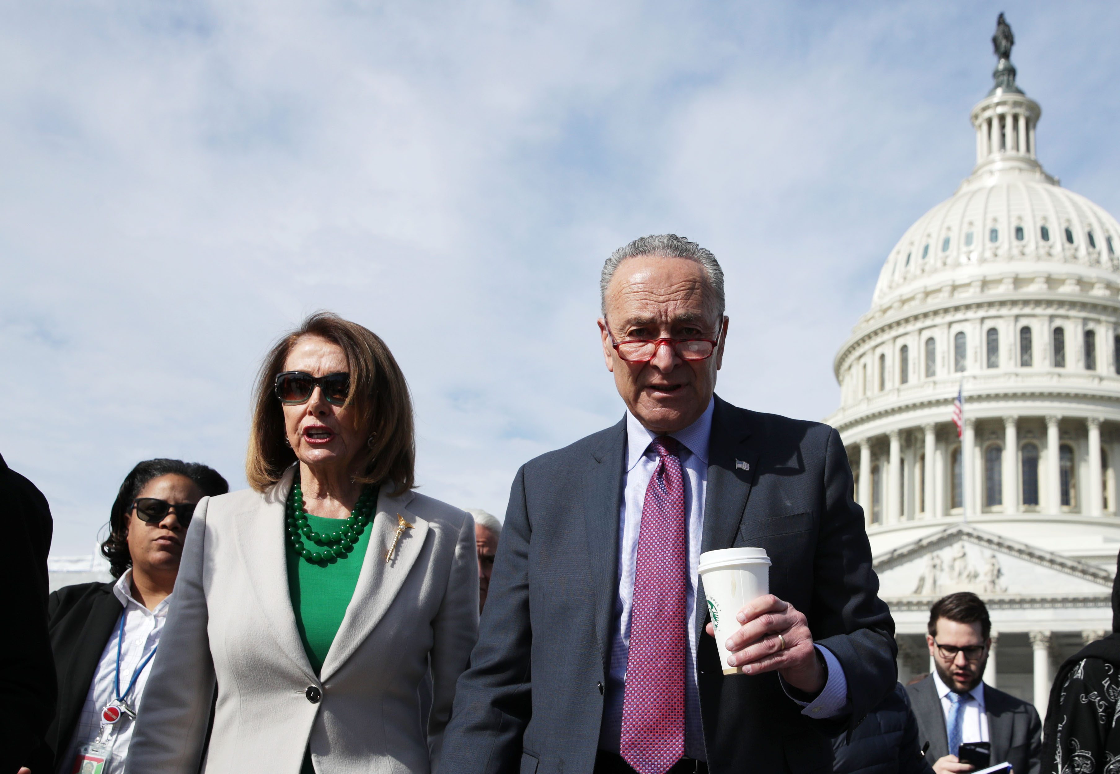 Speaker of the House Rep. Nancy Pelosi (D-CA), Senate Minority Leader Sen. Chuck Schumer (D-NY) walk toward the U.S. Supreme Court from the U.S. Capitol on April 2, 2019 in Washington, DC. CREDIT: Alex Wong/Getty Images