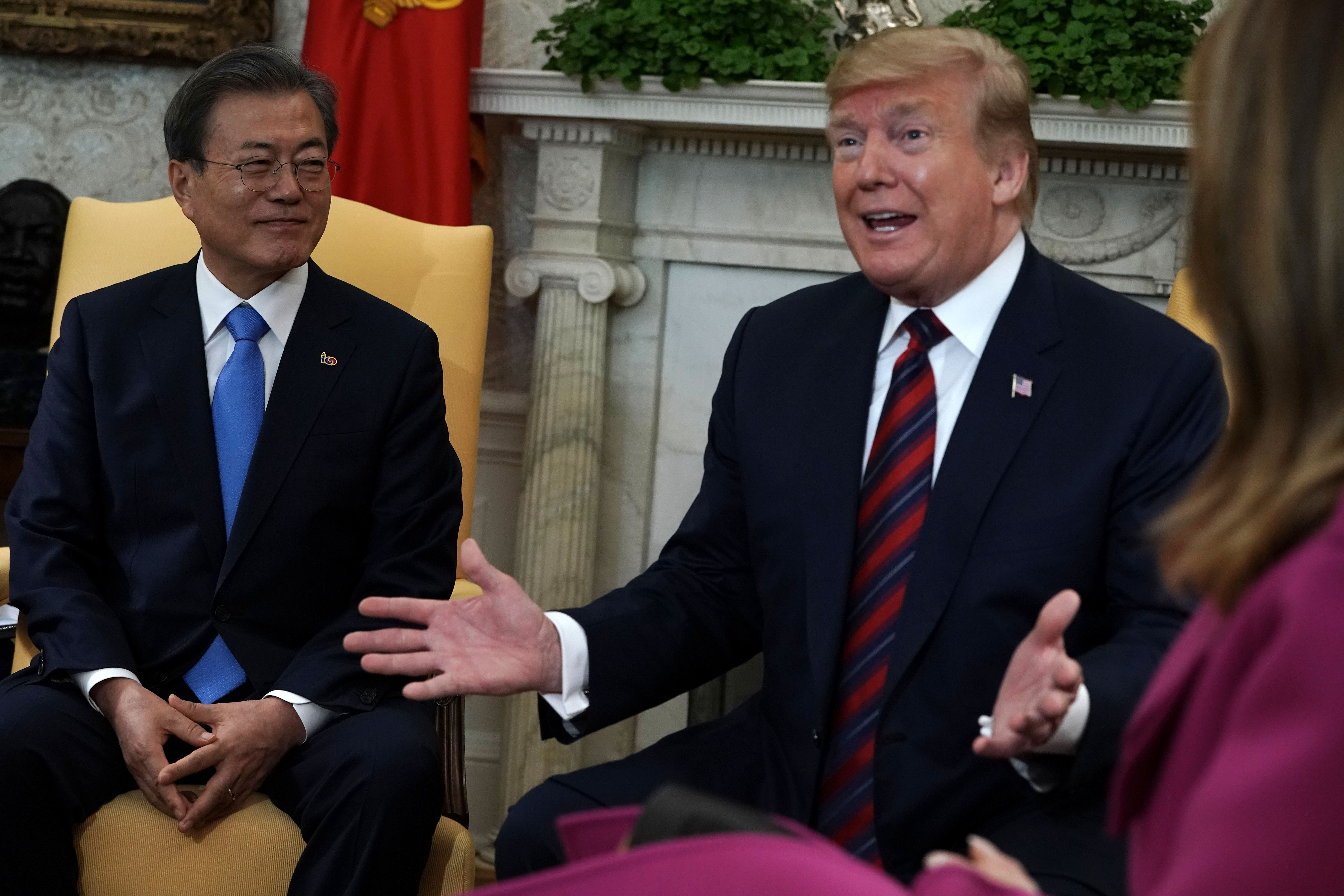 President Donald Trump meets with South Korean President Moon Jae-in in the Oval Office of the White House April 11, 2019 in Washington, DC. CREDIT: Alex Wong/Getty Images.