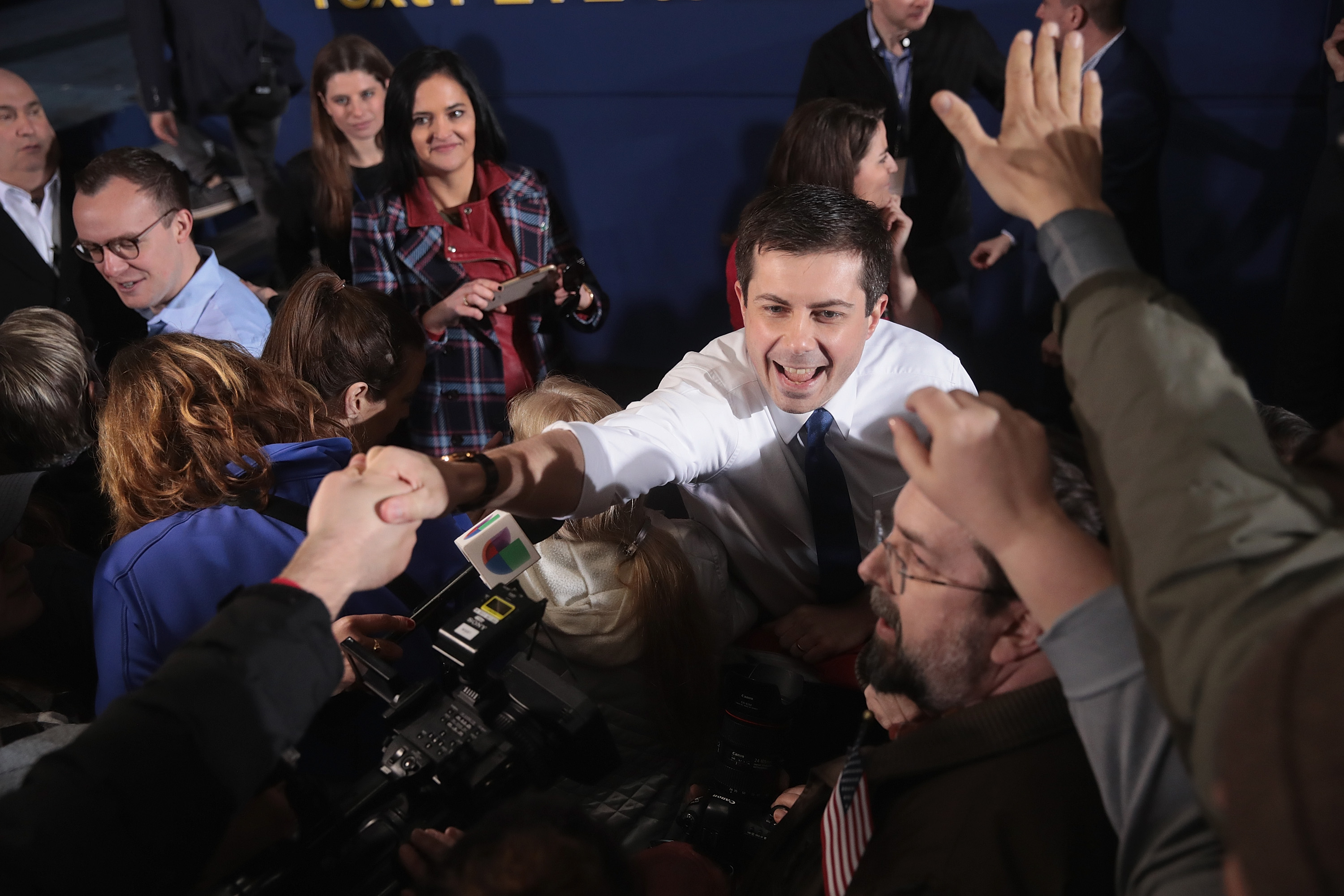 SOUTH BEND, INDIANA - APRIL 14: South Bend Mayor Pete Buttigieg greets guests after announcing that he will be seeking the Democratic nomination for president during a rally in the old Studebaker car factory on April 14, 2019 in South Bend, Indiana. Credit: Scott Olson/Getty Images