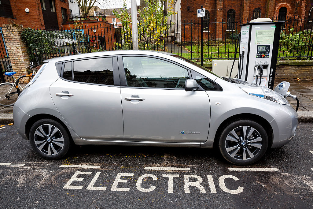 Nissan LEAF electric car charging on a London street. (PHOTO CREDIT: Miles Willis via Getty Images)