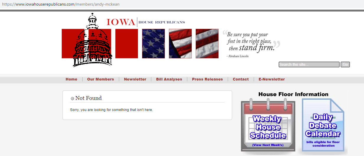 The Iowa House Republican's page for Rep. Andy McKean now tells readers "Sorry, you are looking for something that isn't here."