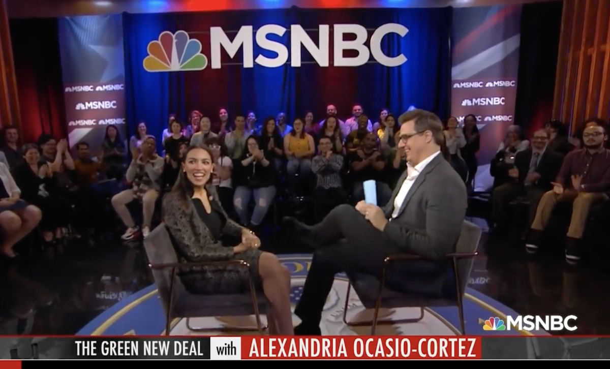 Screenshot of Rep. Alexandria Ocasio-Cortez (D-NY) at town hall discussion on the Green New Deal in the Bronx hosted by MSNBC’s Chris Hayes on March 29.