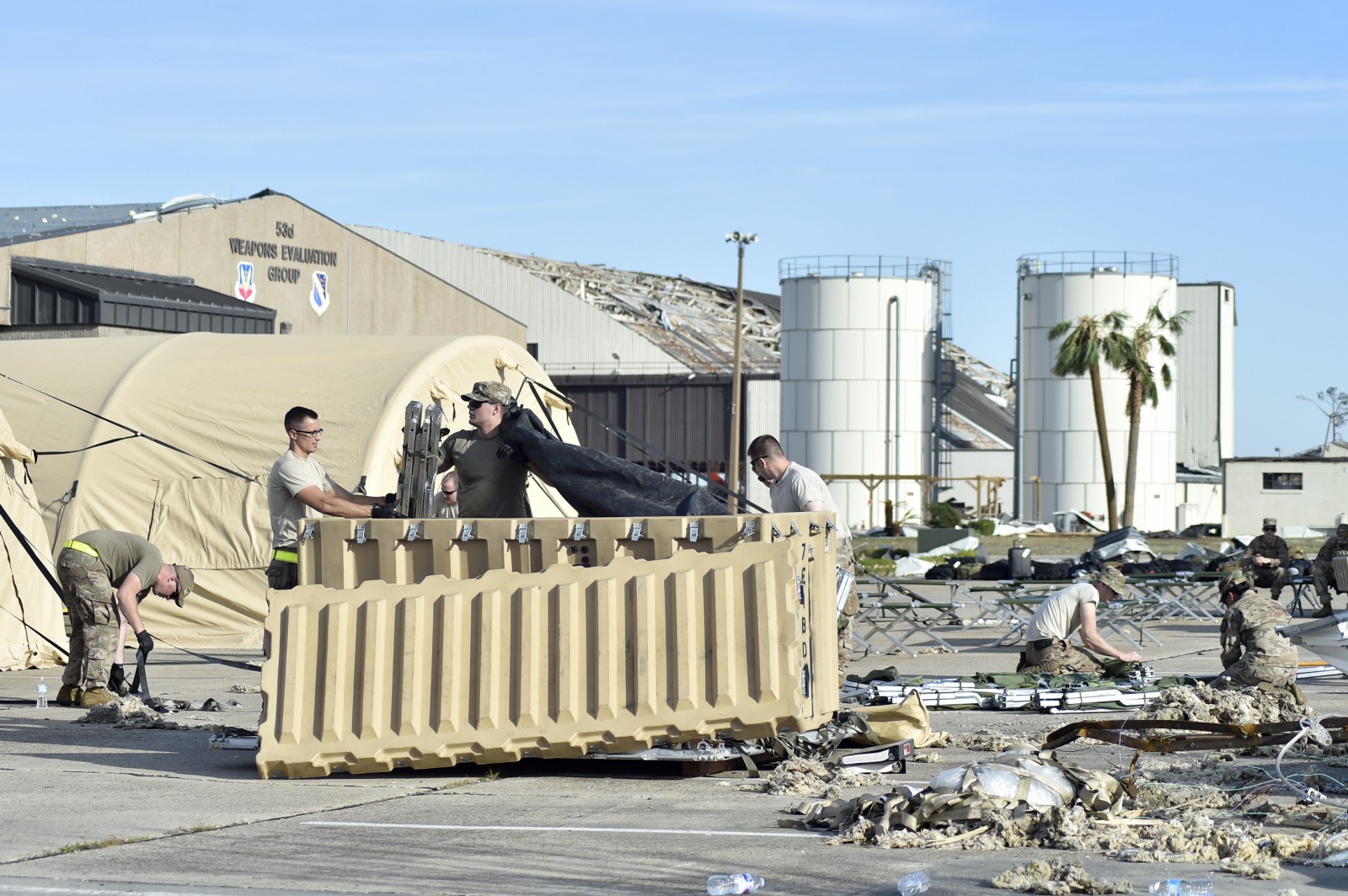 Contingency responders set up at the damaged Tyndall base on October 18, 2018. CREDIT: US Air Force