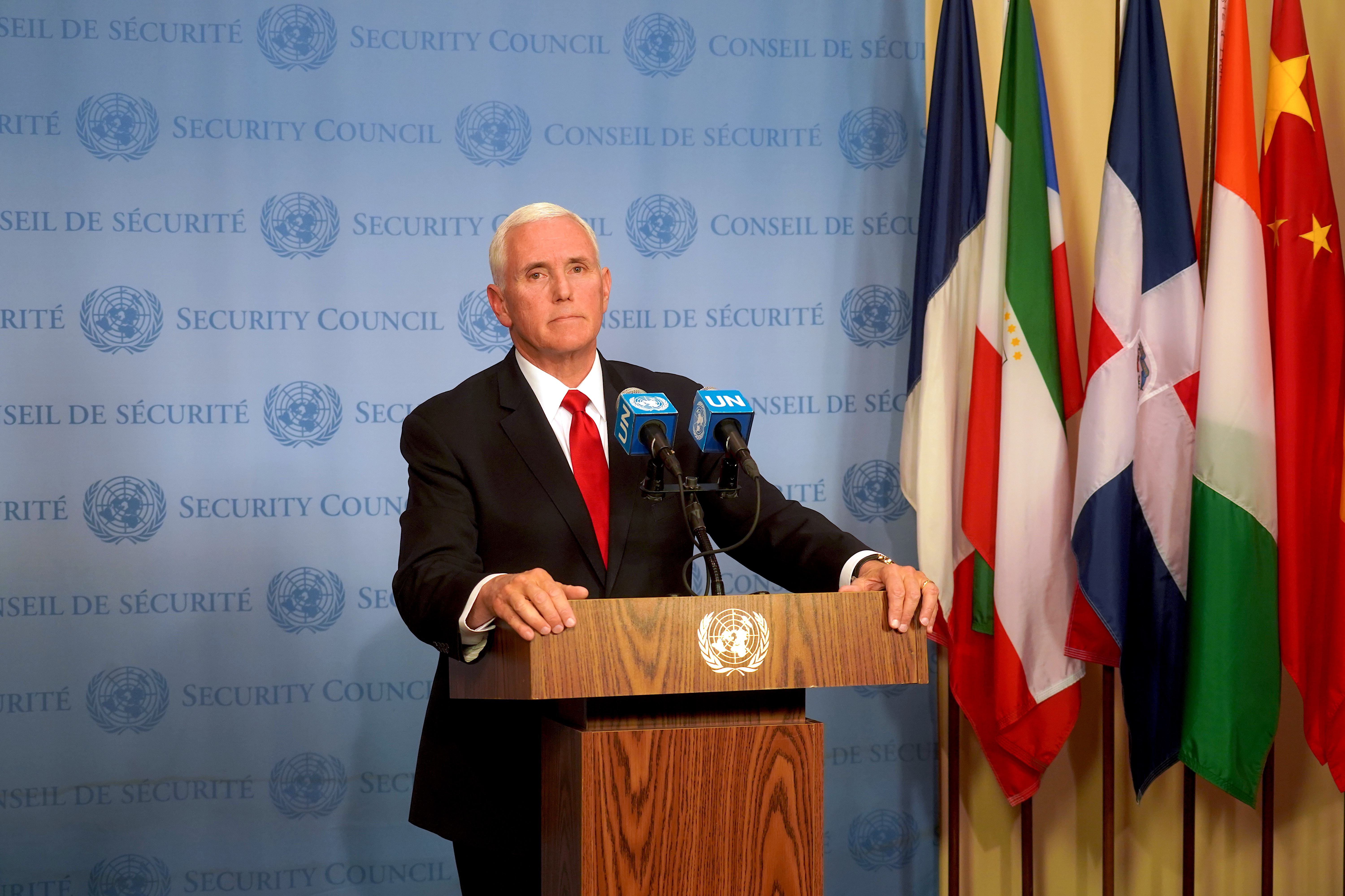 U.S. Vice President Mike Pence speaks during a press conference after the UN Security Council meeting on the situation in Venezuela at United Nations Headquarters in New York, United States on April 10, 2019. (Photo by Selcuk Acar/NurPhoto via Getty Images)