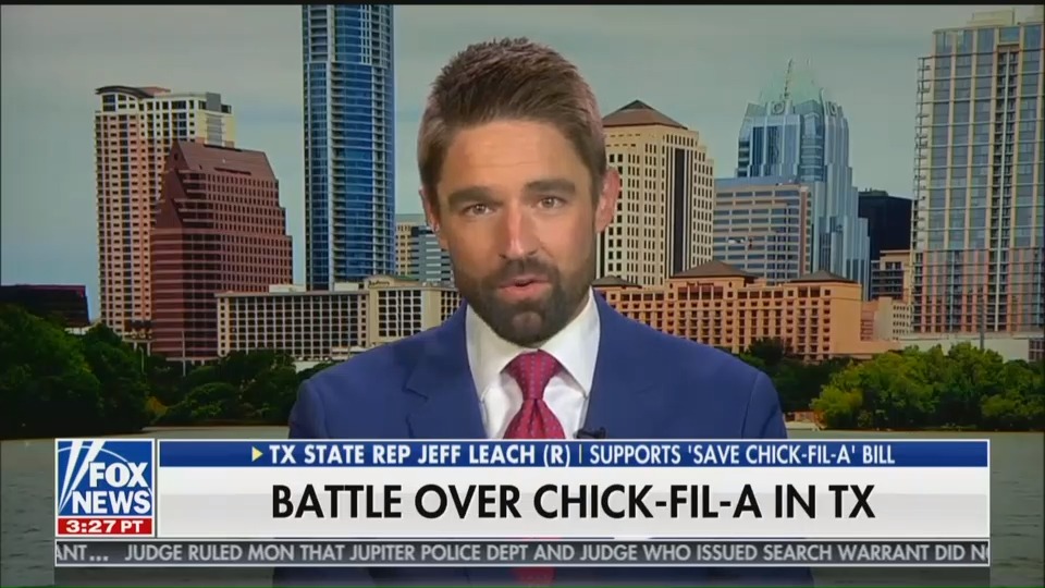 Texas state Rep. Jeff Leach (R) on Fox News on Tuesday defending Chick-fil-A's right to discriminate and have stores in every airport.