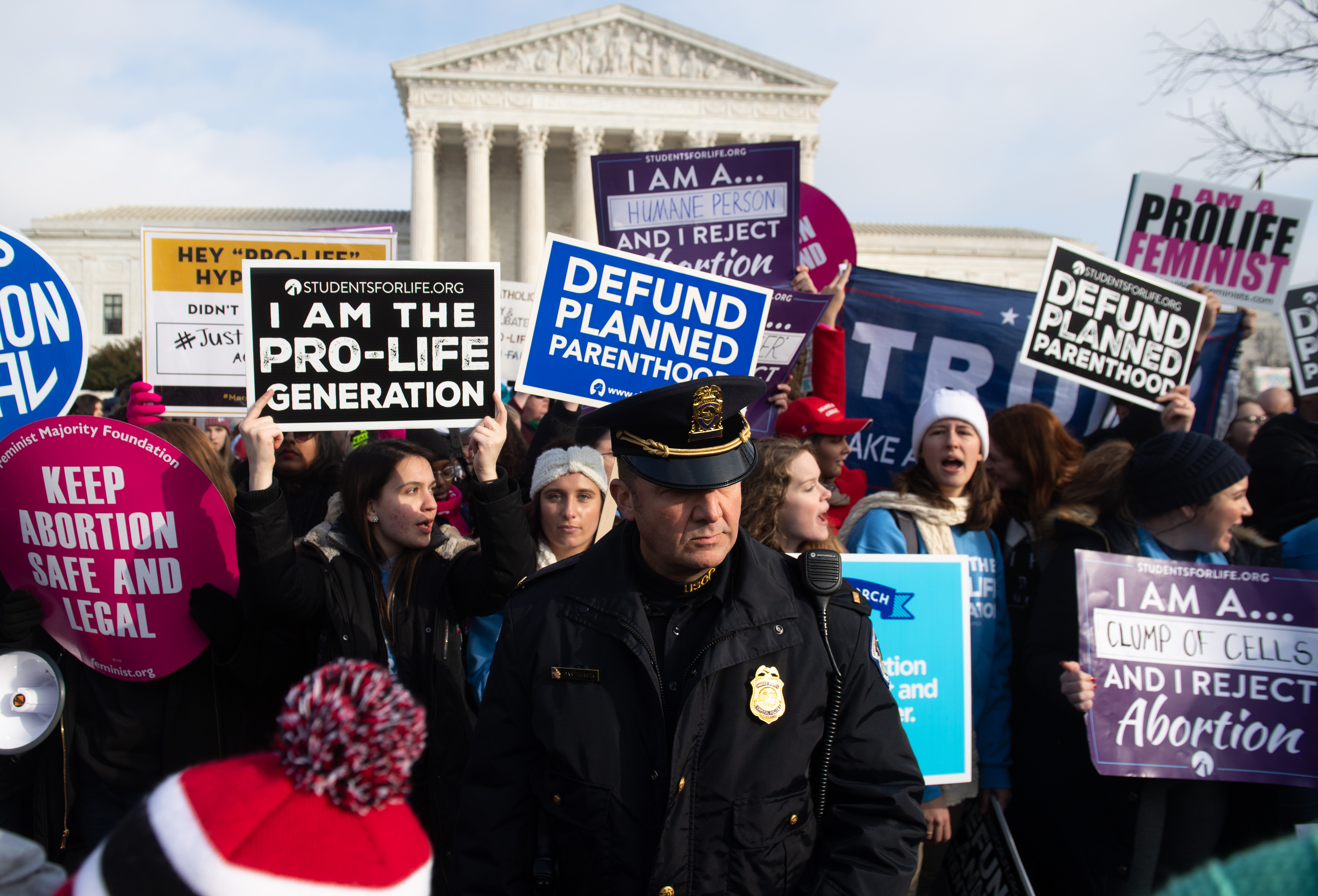Anti-abortion activists participate in the "March for Life," an annual event to mark the anniversary of the 1973 Supreme Court case Roe v. Wade, which legalized abortion in the US, outside the US Supreme Court in Washington, DC, January 18, 2019. (Photo by SAUL LOEB / AFP) (Photo credit should read SAUL LOEB/AFP/Getty Images)