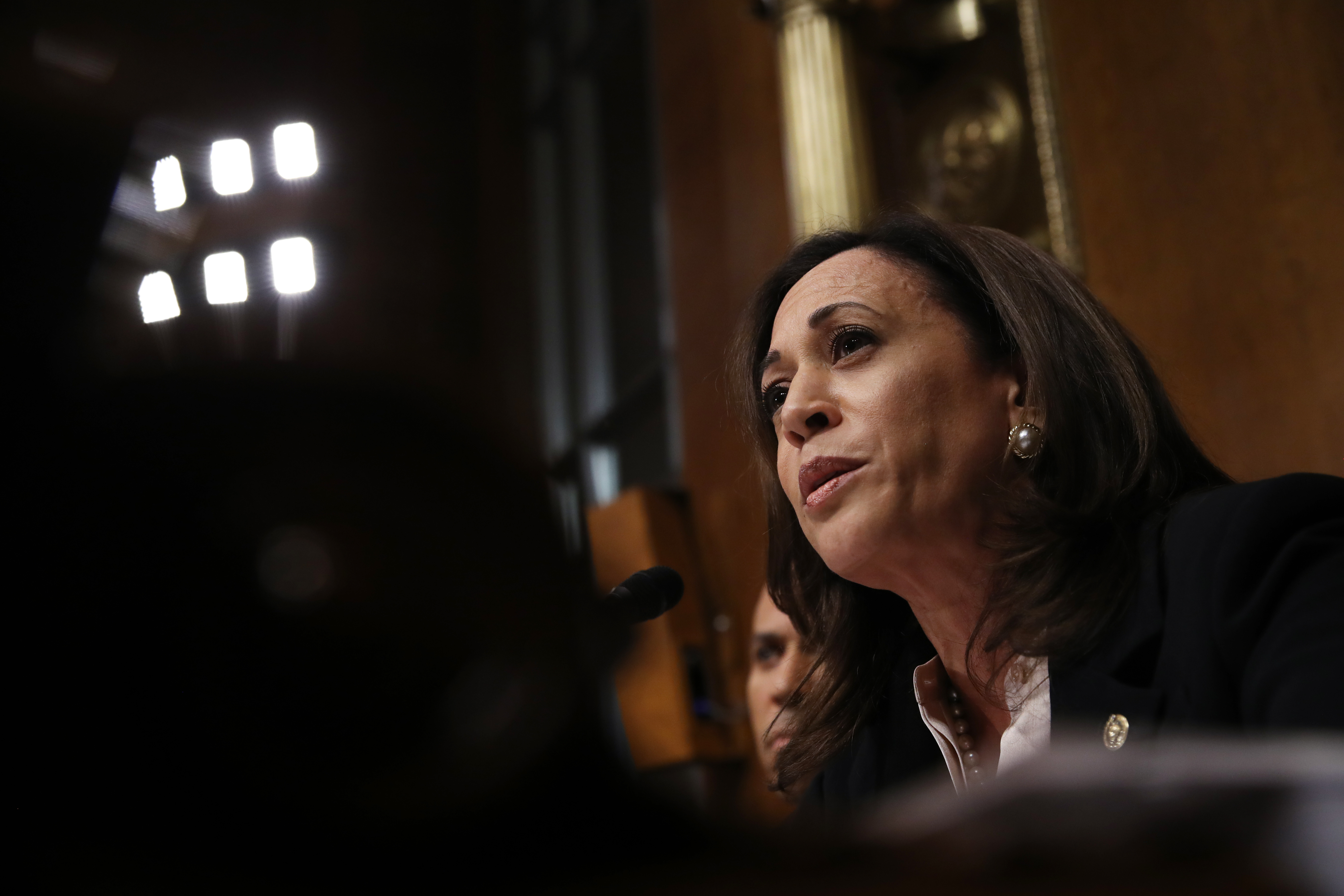 WASHINGTON, DC - MAY 1: Sen. Kamala Harris (D-CA) asks U.S. Attorney General William Barr questions during the Senate Judiciary Committee hearing May 1, 2019 in Washington, DC. CREDIT: Win McNamee/Getty Images