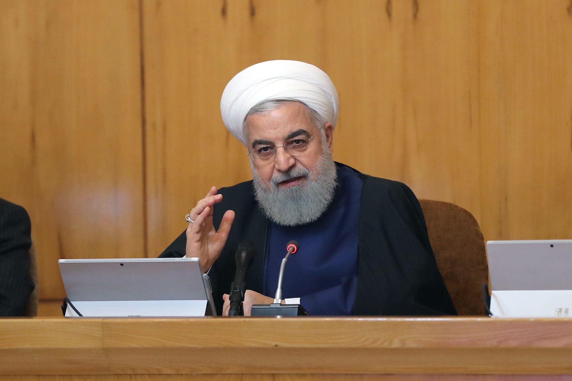 Iranian President Hassan Rouhani speaks during the cabinet meeting in Tehran, Iran on May 08, 2019. CREDIT: IRANIAN PRESIDENCY - HANDOUT/Anadolu Agency/Getty Images.