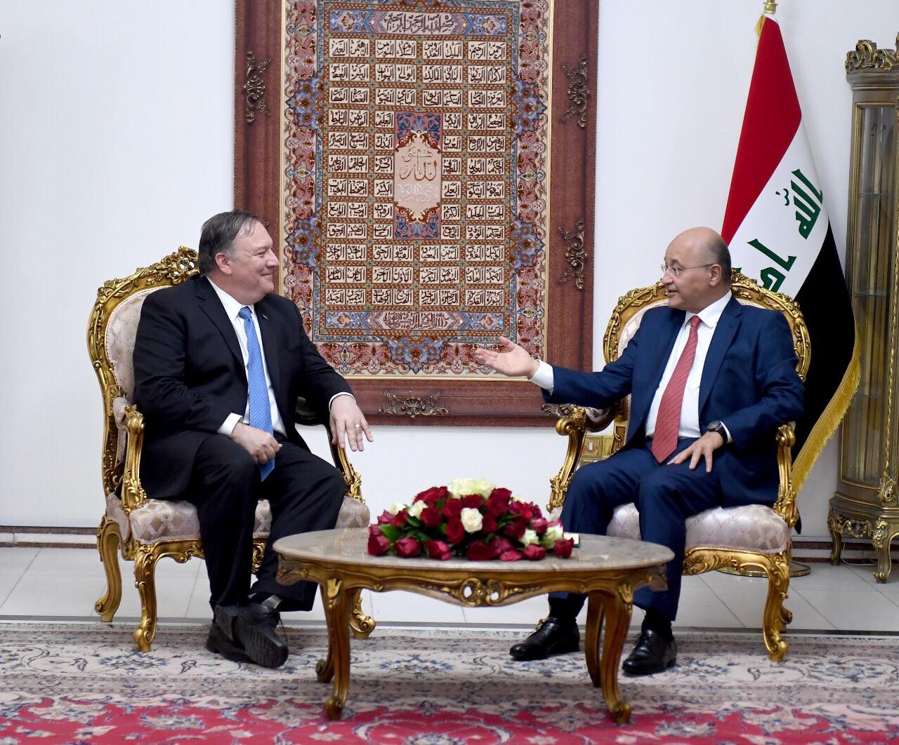 President of Iraq Barham Salih chats with US Secretary of State Mike Pompeo during their meeting in Baghdad, Iraq on May 07, 2019.
CREDIT: Iraqi Presidential Press Office / Handout/Anadolu Agency/Getty Images.
