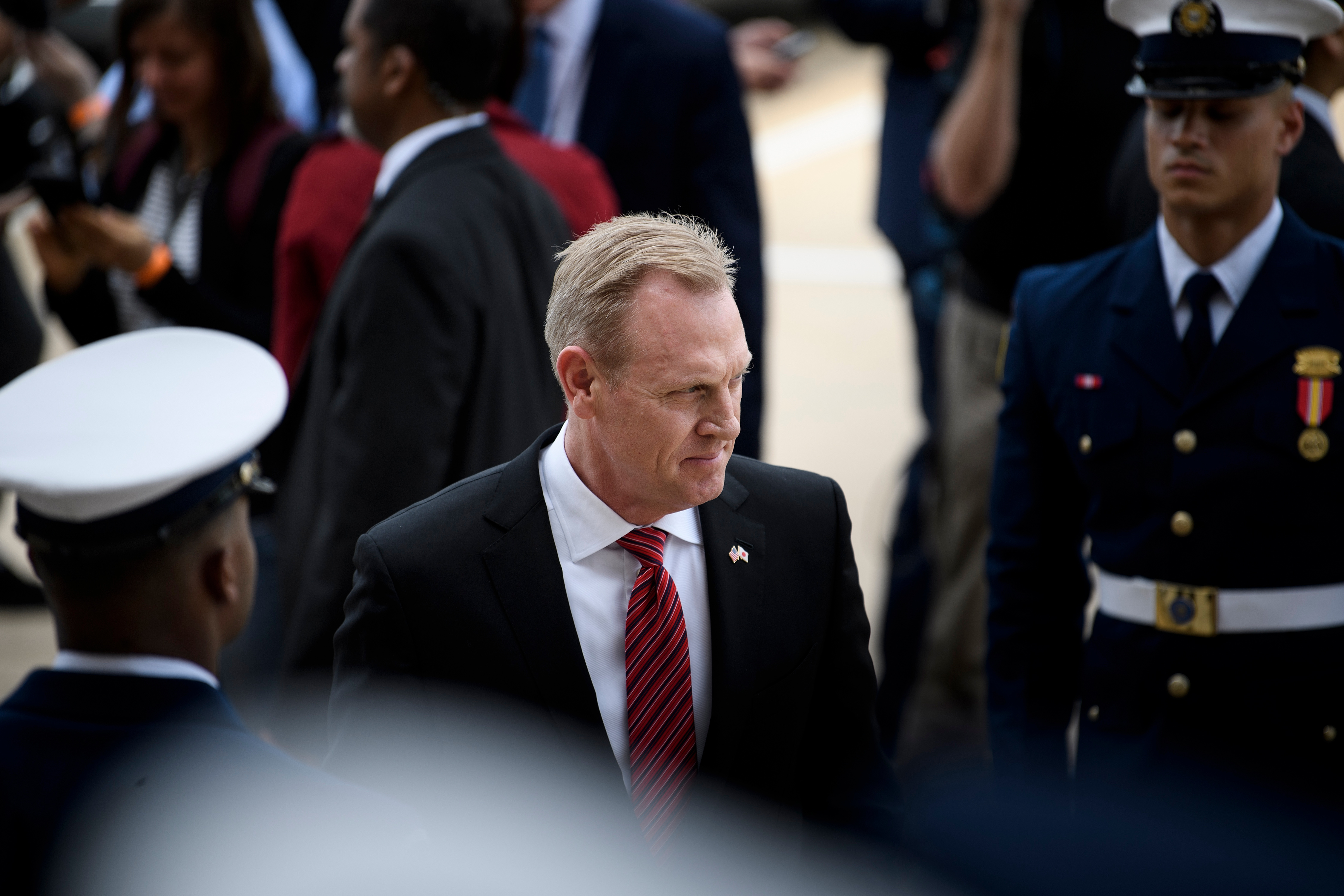 Acting US Secretary of Defense Patrick Shanahan on his way to a meeting at the Pentagon on May 9, 2019, in Washington, DC. CREDIT: Brendan Smialowski/AFP/Getty Images.