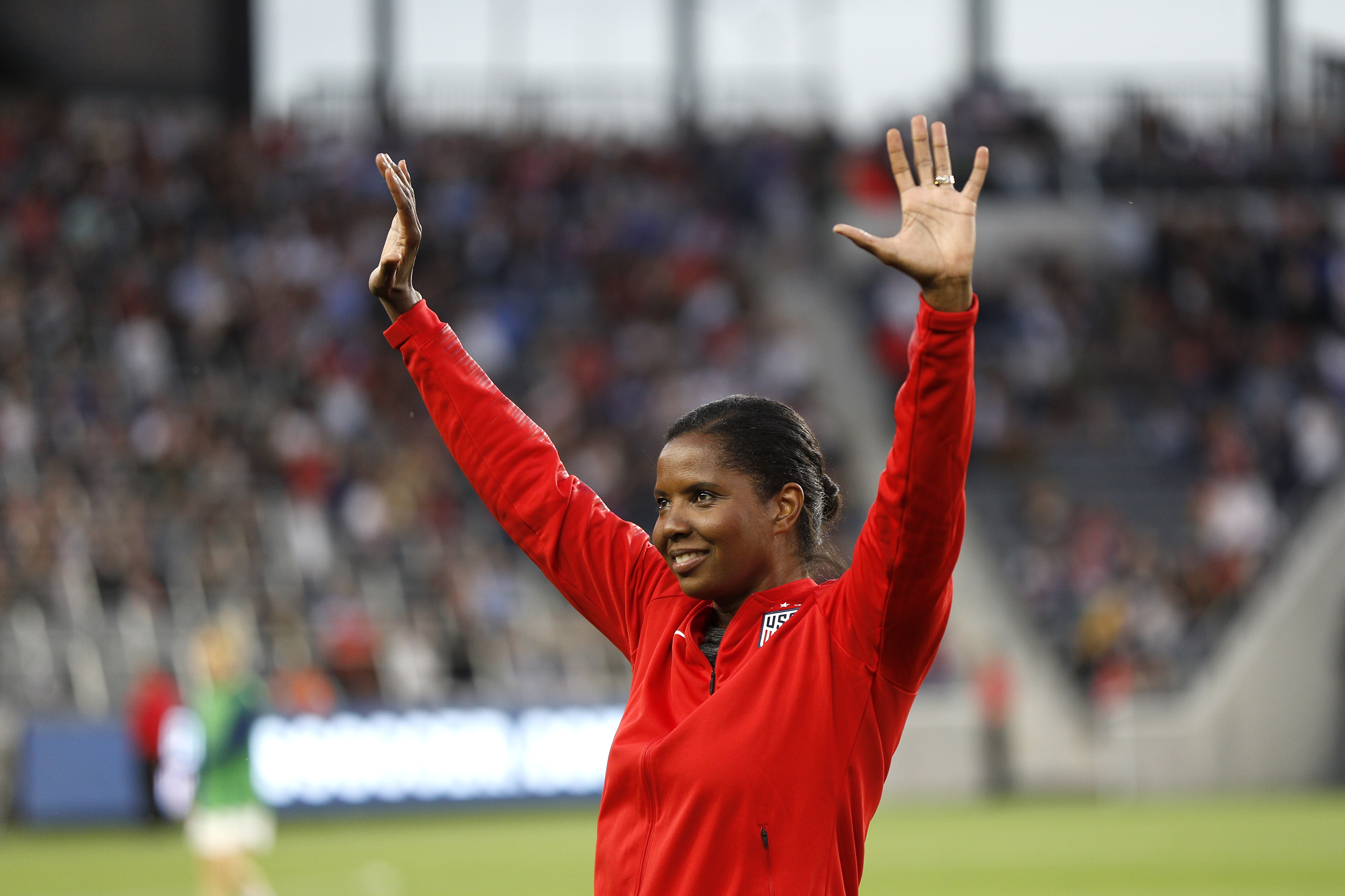 LOS ANGELES, CALIFORNIA - APRIL 07: World Cup champion Briana Scurry of the 1999 United States Women's National Team makes a halftime appearance during the game against Belgium at Banc of California Stadium on April 07, 2019 in Los Angeles, California. (Photo by Meg Oliphant/Getty Images)