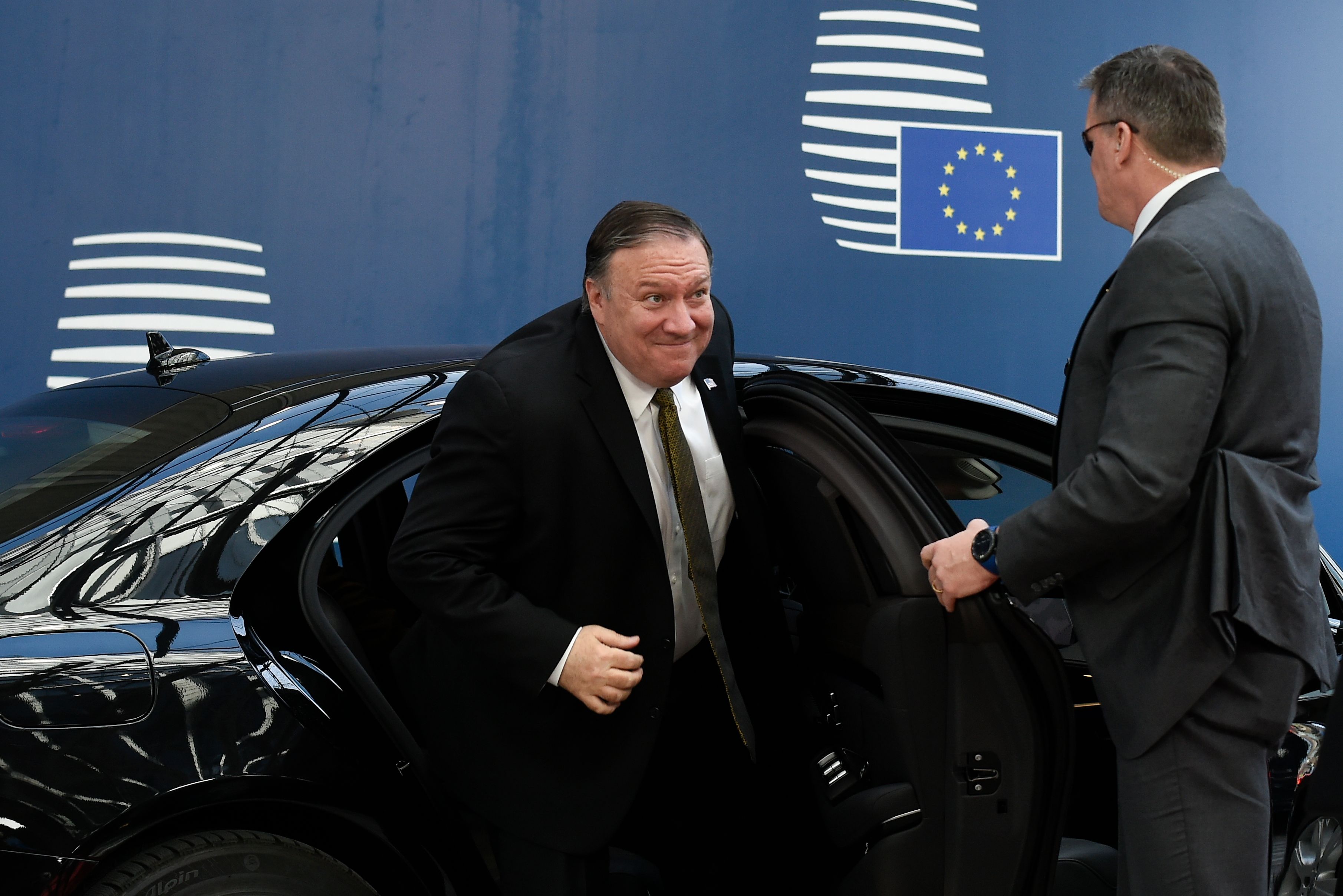 US Secretary of State Mike Pompeo arrives at the E.U. headquarters in Brussels on May 13, 2019. CREDIT: JOHN THYS/AFP/Getty Images.